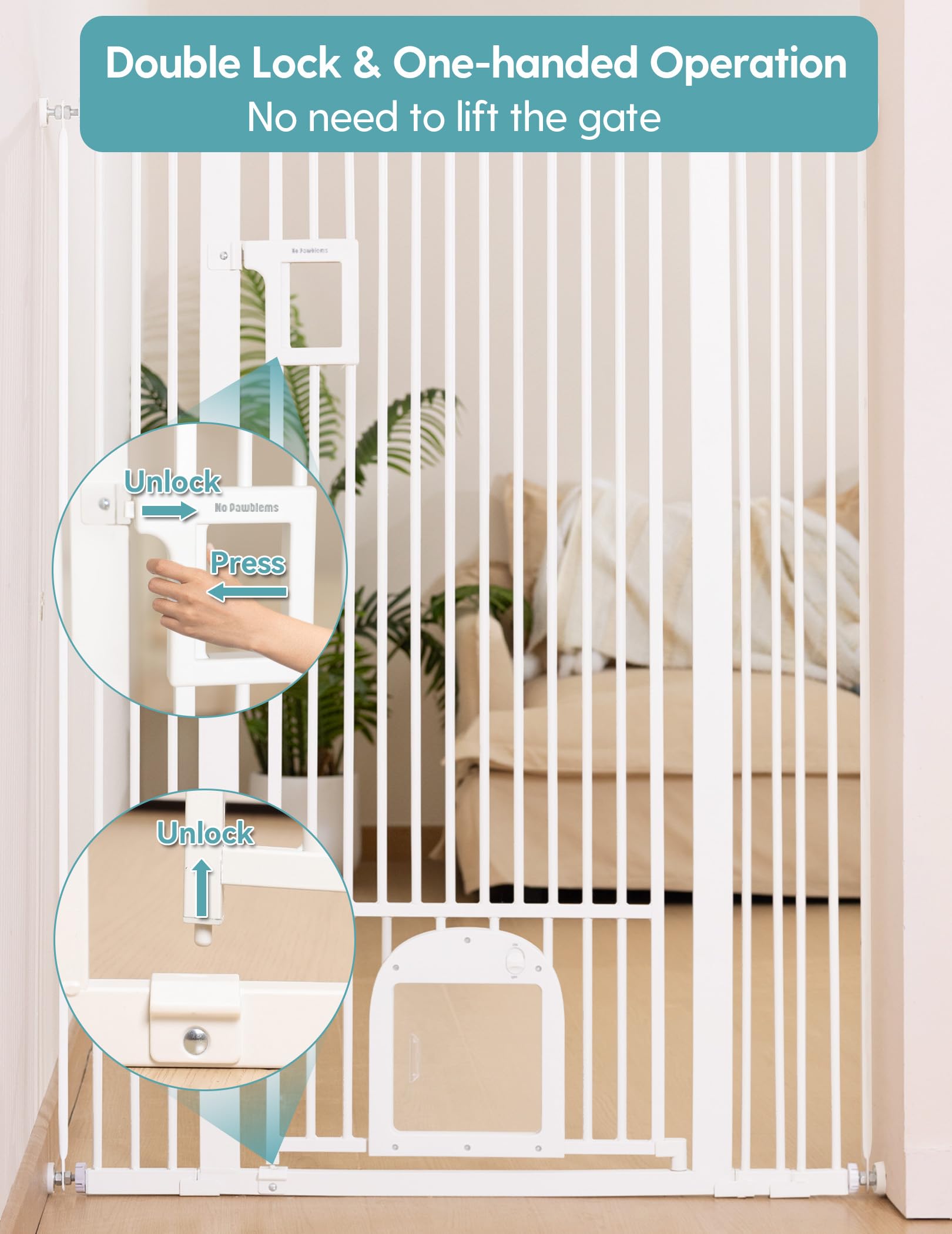 No Pawblems 55 Extra Tall Pet Gate with Adjustable Cat Door, 29-43 Auto Close Tall Dog Gate, NO Drilling Pressure Mounted for Do