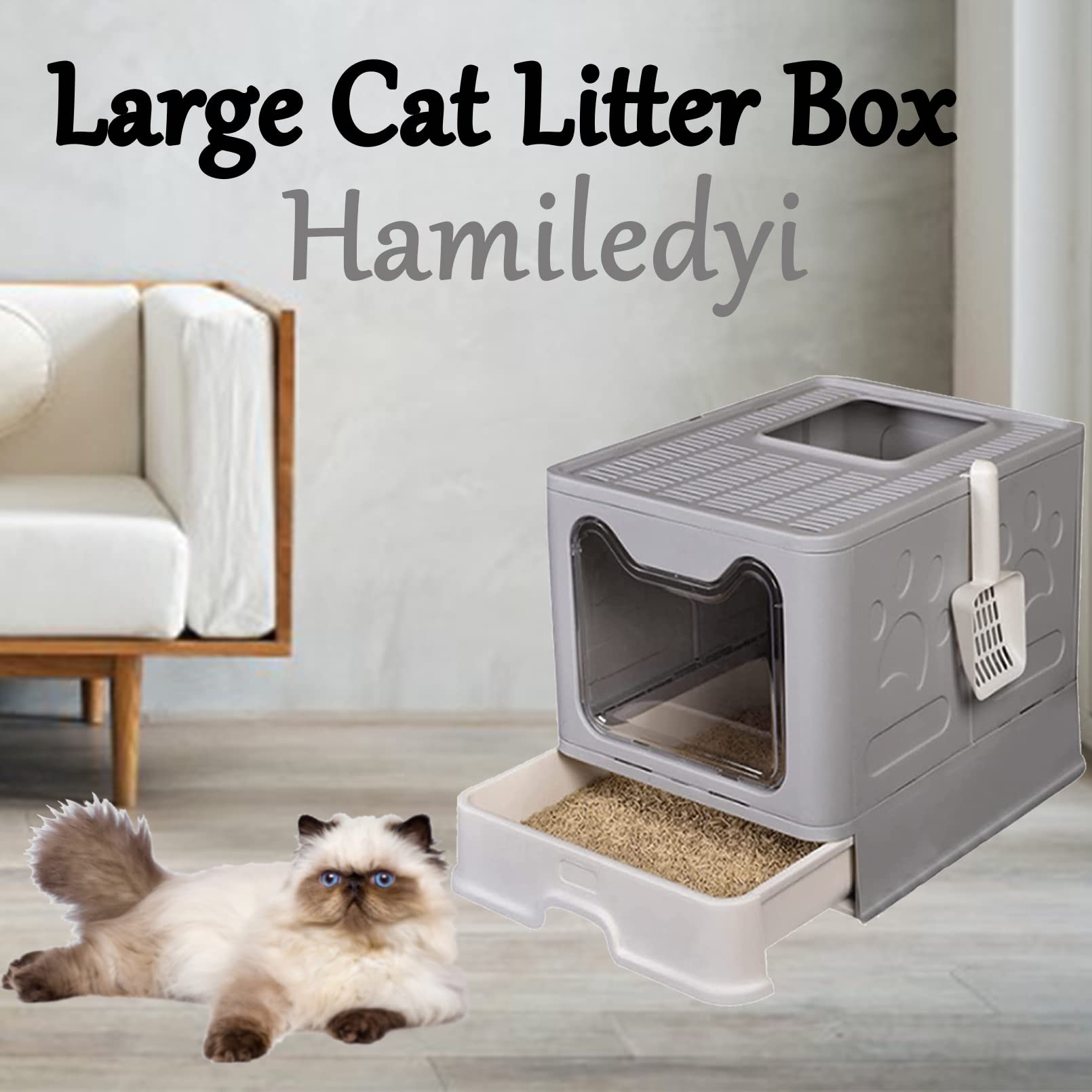 Hamiledyi Foldable Large Cat Litter Box Enclosed Cat Potty With Drawer Top Entry Type Anti-Splashing Cat Toilet With Lid And Cat Litter Scoop No Smell Cat Supplies For Cats And Kittens-Gray