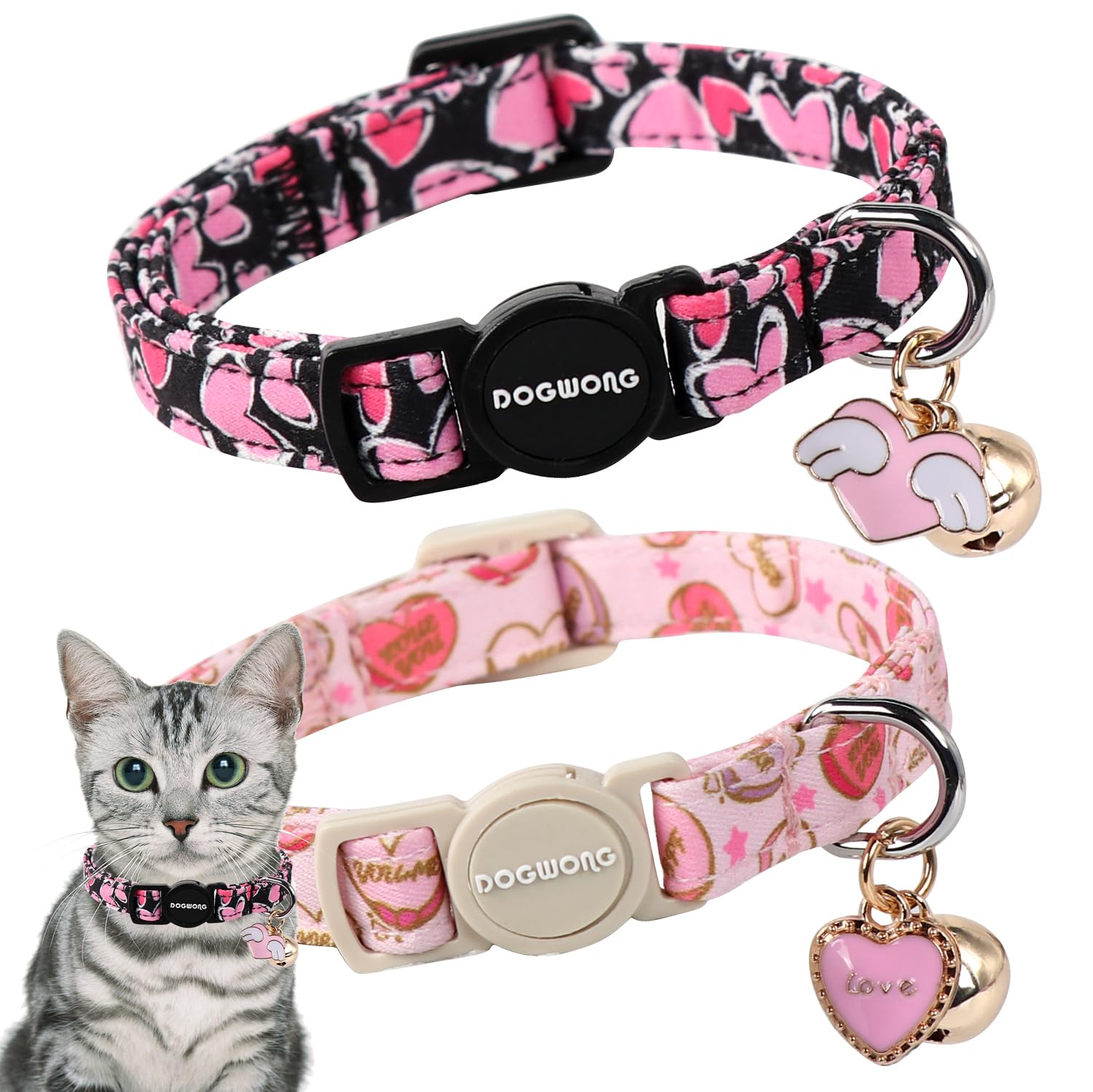 Cat Collar,2 Pack Cat Collars Breakaway With Bell, Dogwong Safety Buckle Valentine'S Day Cat Collar Pink Red Heart For Girl Boy 