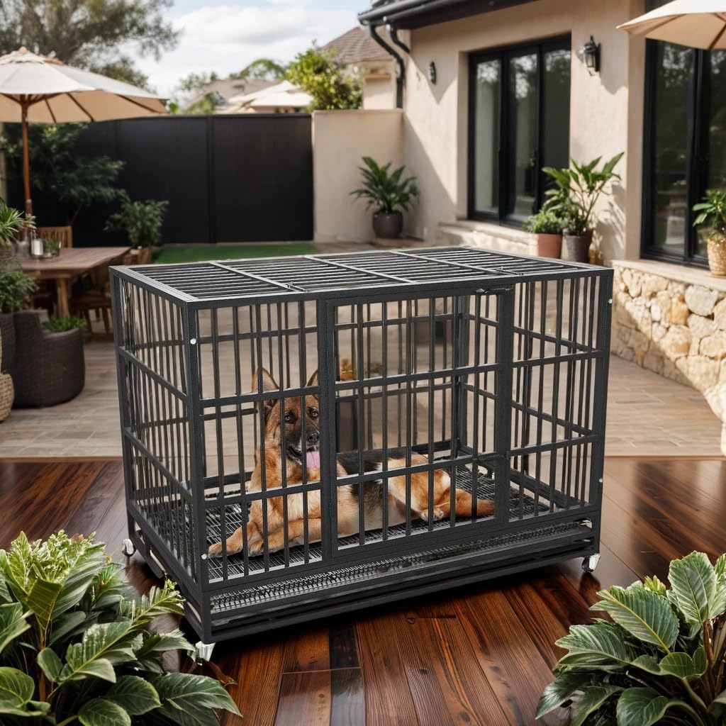 Kokotangs 48 Inch Stackable Heavy Duty Dog Crate Cage With Wheels, Indestructible And Escape Proof Steel Kennel Indoor For High