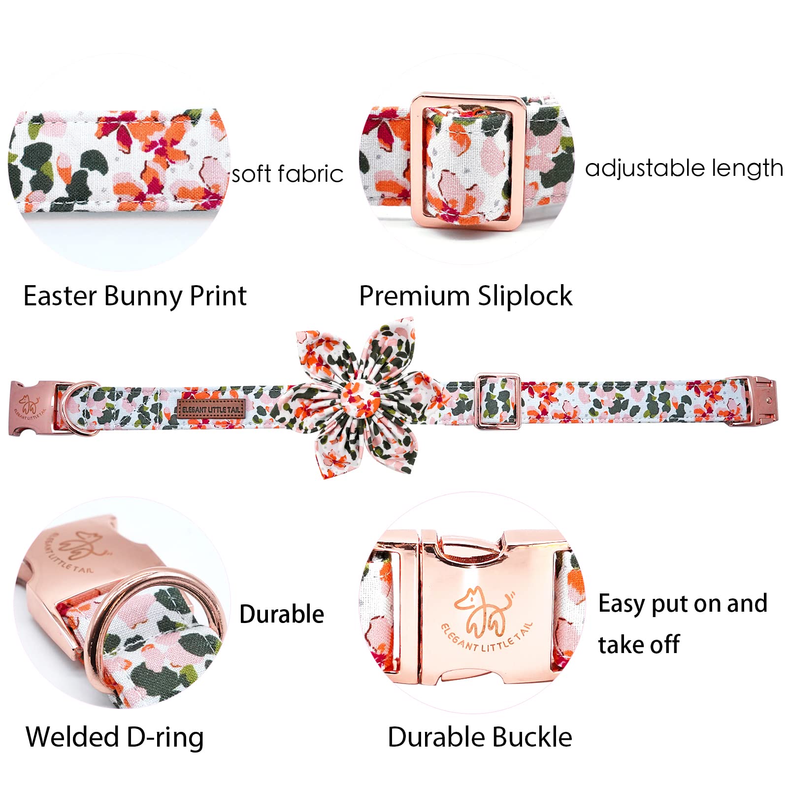 Elegant Little Tail Pink Flower Dog Collar with Bowtie, Spring Flower Cute Pink Pet Collar Bow, Adjustable Dog Collar for Large