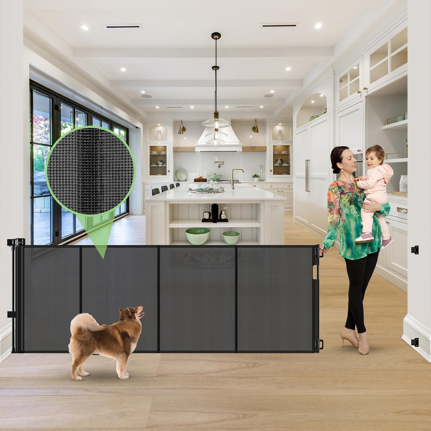 Reinforced 120 Inch Retractable Baby Gates Extra Wide Dog Gate with Support Rods - Prevent Crawling Under, 10 Feet Extra Long Ba