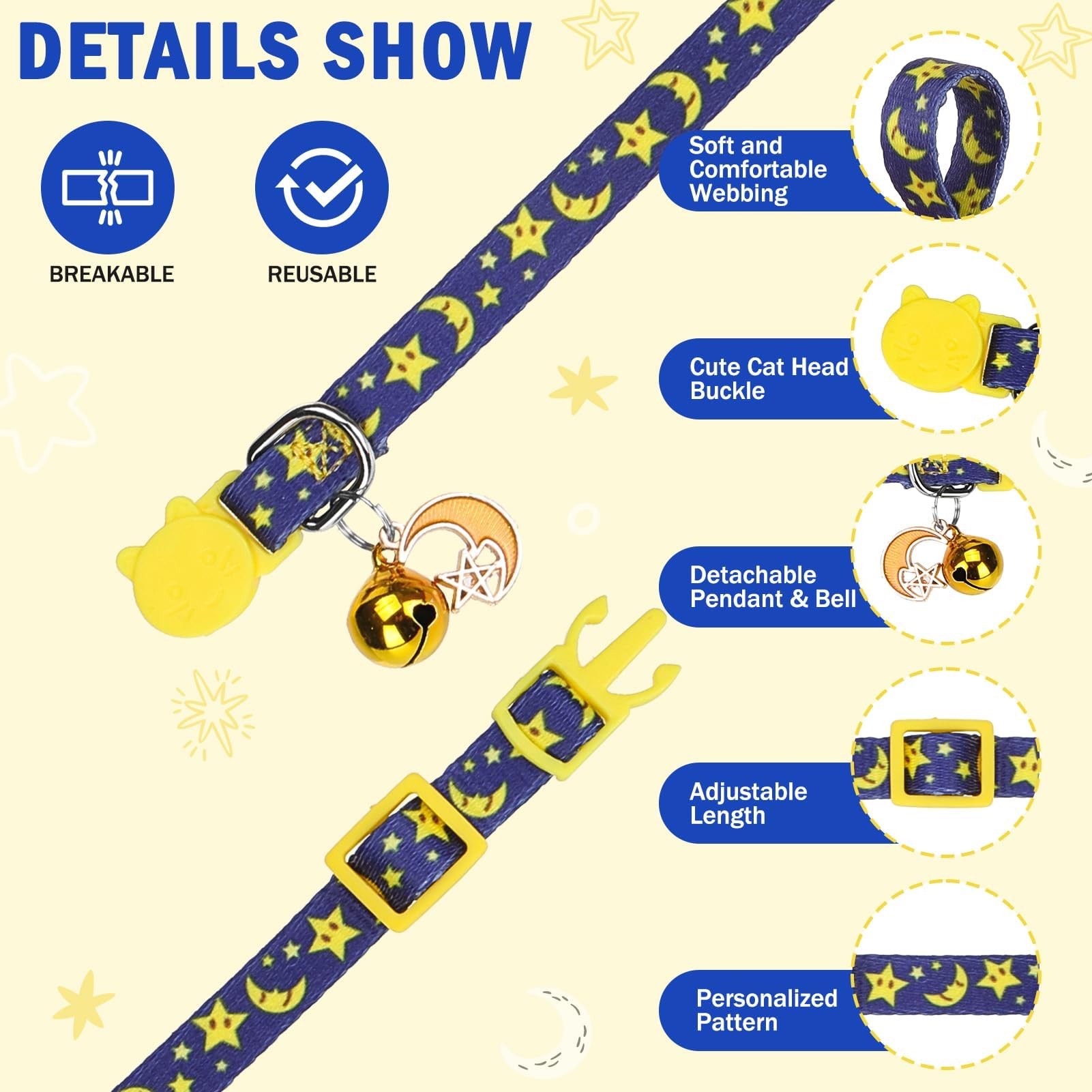Scenereal Cute Cat Collar With Bell Breakaway, 4 Pack Star And Moon Pendant Spring Pet Collar For Girl Boy Cats, Adjustable Safe