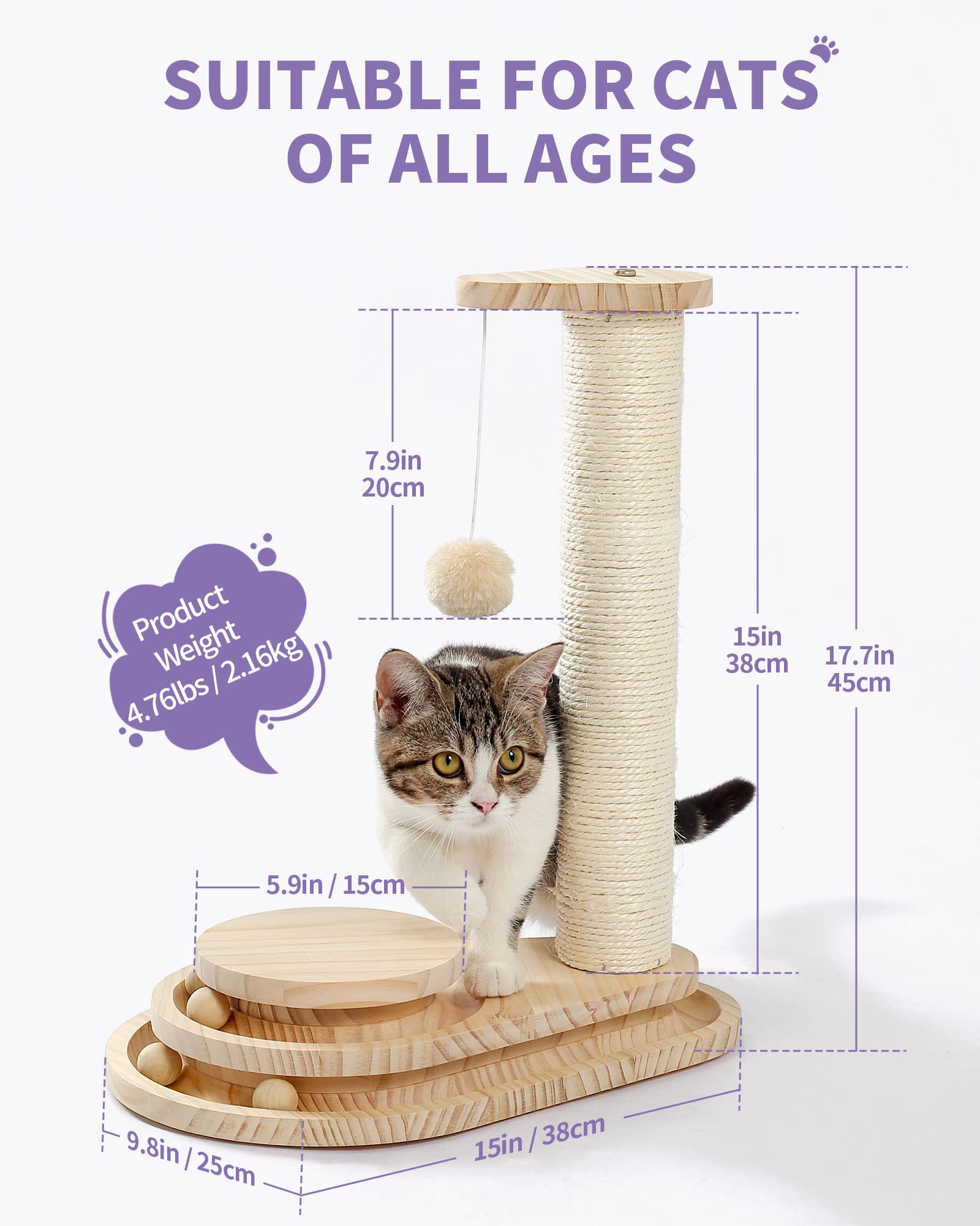 Made4Pets Cat Scratching Post Cat Scratcher Kitten Toys For Indoor Cats Wooden Ball Track Two-Layer Modern Sisal 17.7' Tall Scratch Post Interactive Toy With Dangling Ball