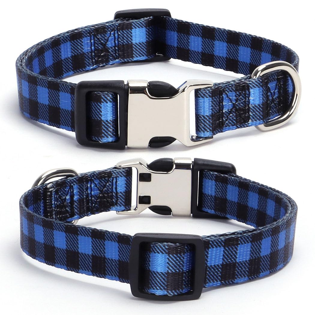 Blue Plaid Dog Collars For Medium Dogs, Pretty Pattern Dog Collar Metal Buckle Durable Soft Boy Puppy Collars For Xsmall Small M