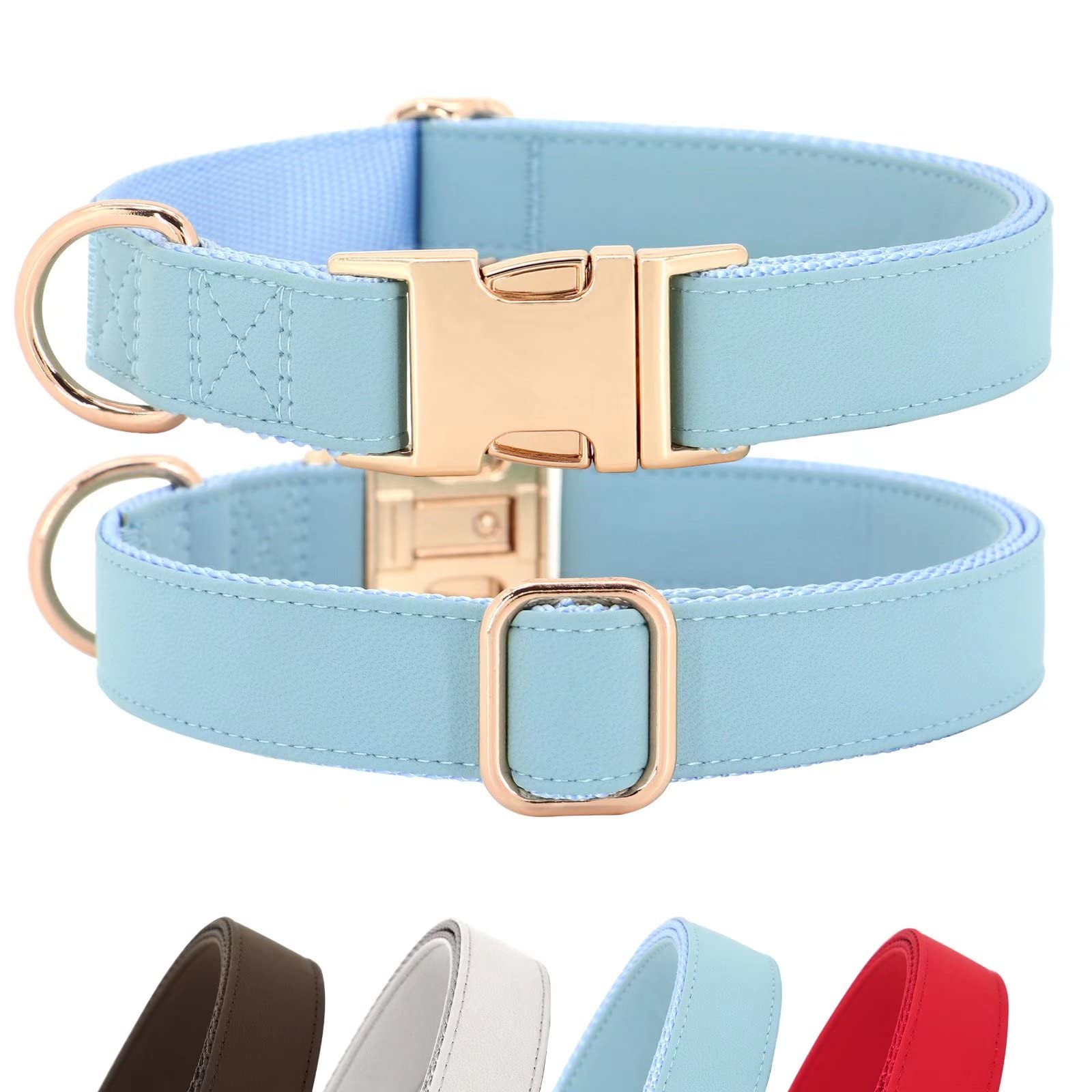 Pet Artist Charming Nylon Dog Collar With Leather Adjustable Soft Elegant Nylon Collars For Dogs Small Medium Large 4 Solid Color For Choosing Blue Red Brown Grey (Blue,Neck Fit 9-14'')