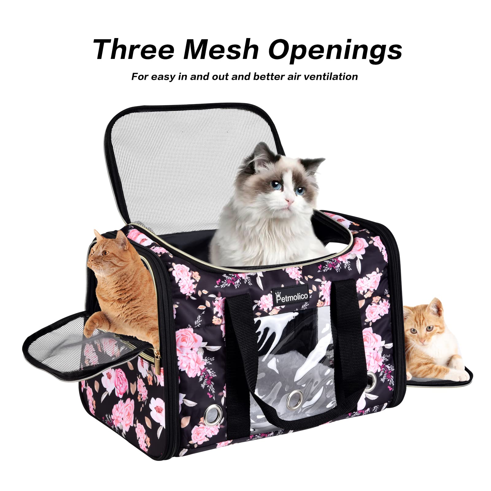 Petmolico Cat Carrier Soft-Sided Pet Bag For Small Medium Cats Puppies 16Lbs - Airline Approved Cat Travel Carrier 3 Open Doors