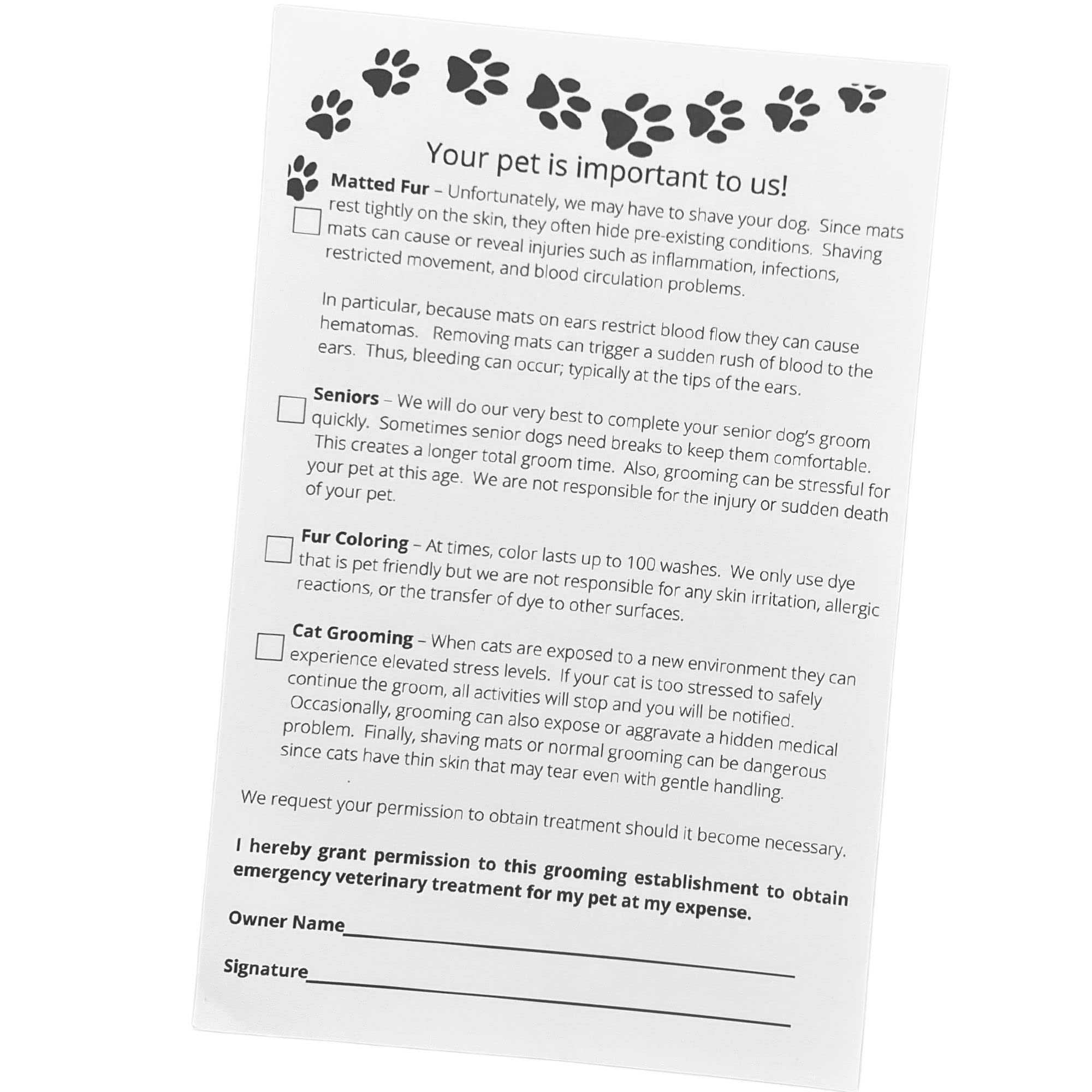 Grooming Pet Release Forms (100 Sheets, 5.5' X 8.5') Addresses Matted Fur, Senior Dogs, Fur Coloring, And Cats