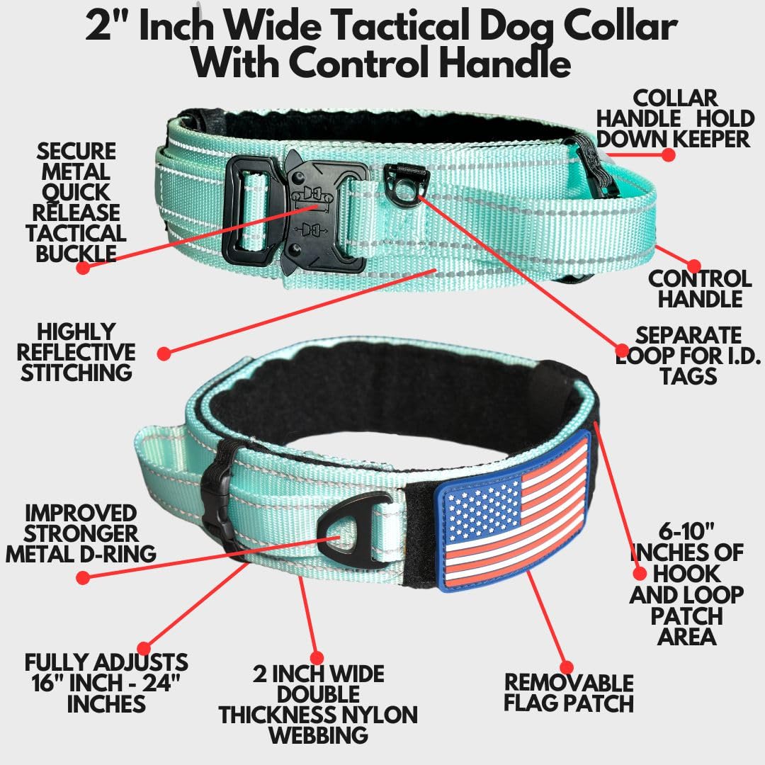 Tactical Dog Collar With Handle - 2 Inch Wide Dog Collars For Large Dogs Reflective Heavy Duty Dog Collar Metal Buckle Name Plat