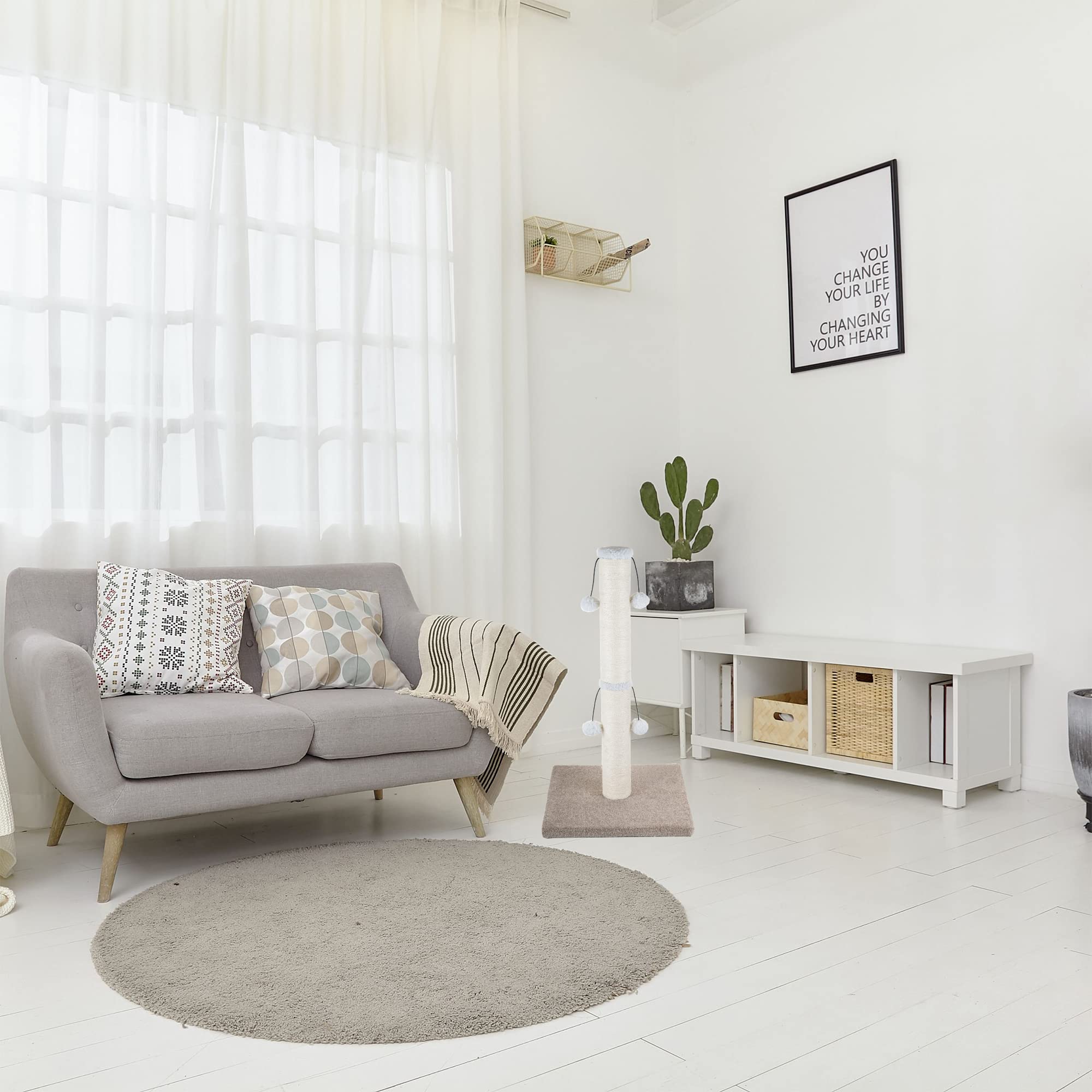 Dimaka 29' Tall Cat Scratching Post For Big Cats, Natural Sisal Rope Post And Stable Heavy Carpet Base, Adult Cat Scratcher And Tree (Beige/Yellow V2)