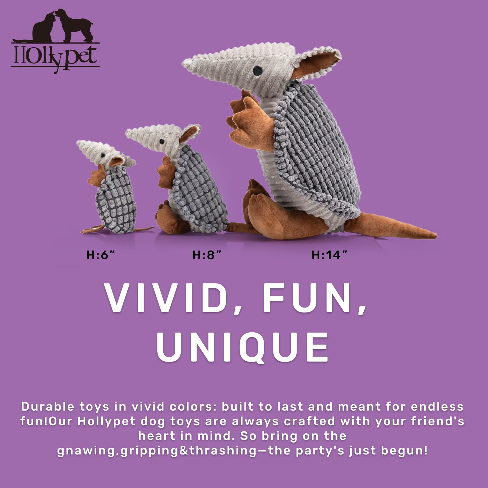 Hollypet Plush Dog Squeaky Toy Stuffed Armadillo Animal Pet Puppy Chew Toys With Clean Teeth For Small Medium Large All Breed Sizes Dogs, Dark Gray, 8 In