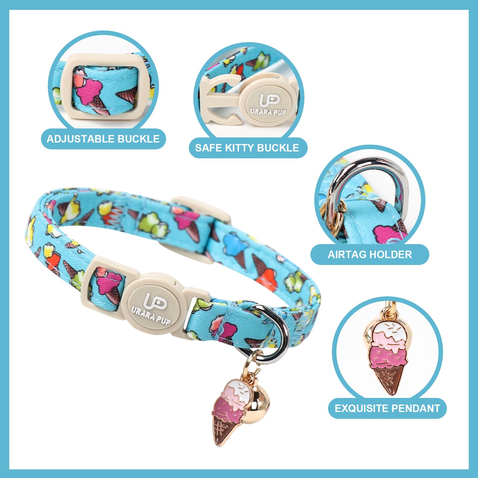 Up Urara Pup Cat Collar, 2Pack Summer Kitten Collars-Breakaway Kitty Collars-Cute Dinosaur And Icecream Pendants,Cat Collar With