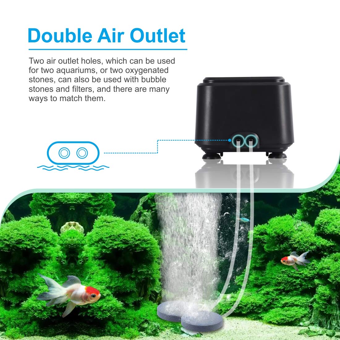 Hygger Small Quietest Aquarium Air Pump, Adjustable Oxygen Pump 2 Air Outlets Ultra Silent Powerful Aerator Pump 160Gph 5W