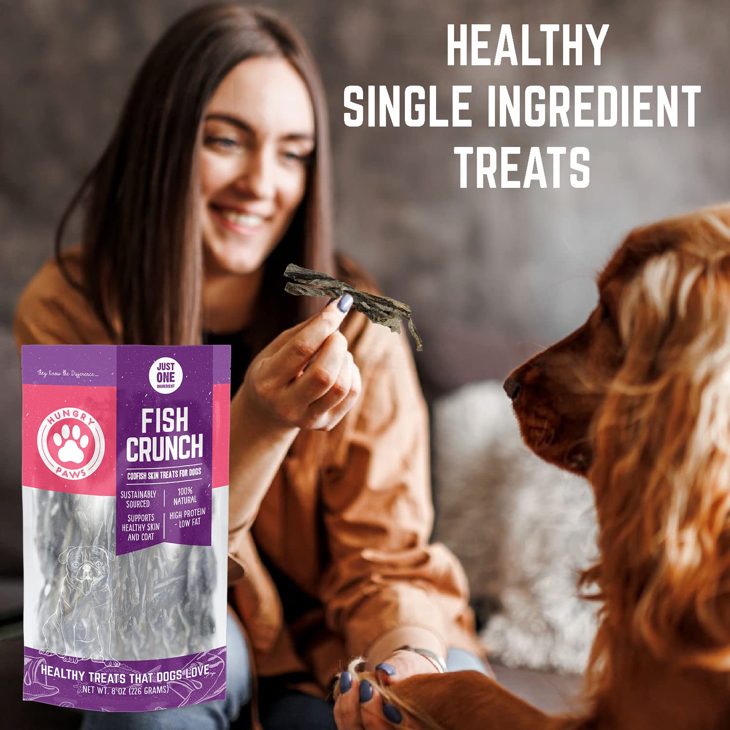 Hungry Paws Cod Skins Dog Training Treats - All Natural & Healthy Fish Skin Snacks for Dogs Boost Their Coat and Oral Health wit