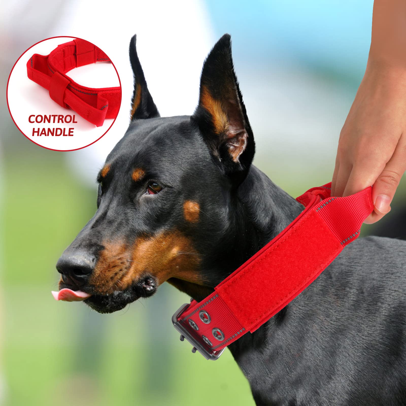 Yunleparks Reflective Dog Collar Heavy Duty Tactical With Control Handle And Metal Buckle For Dog Training(X-Large, Red)