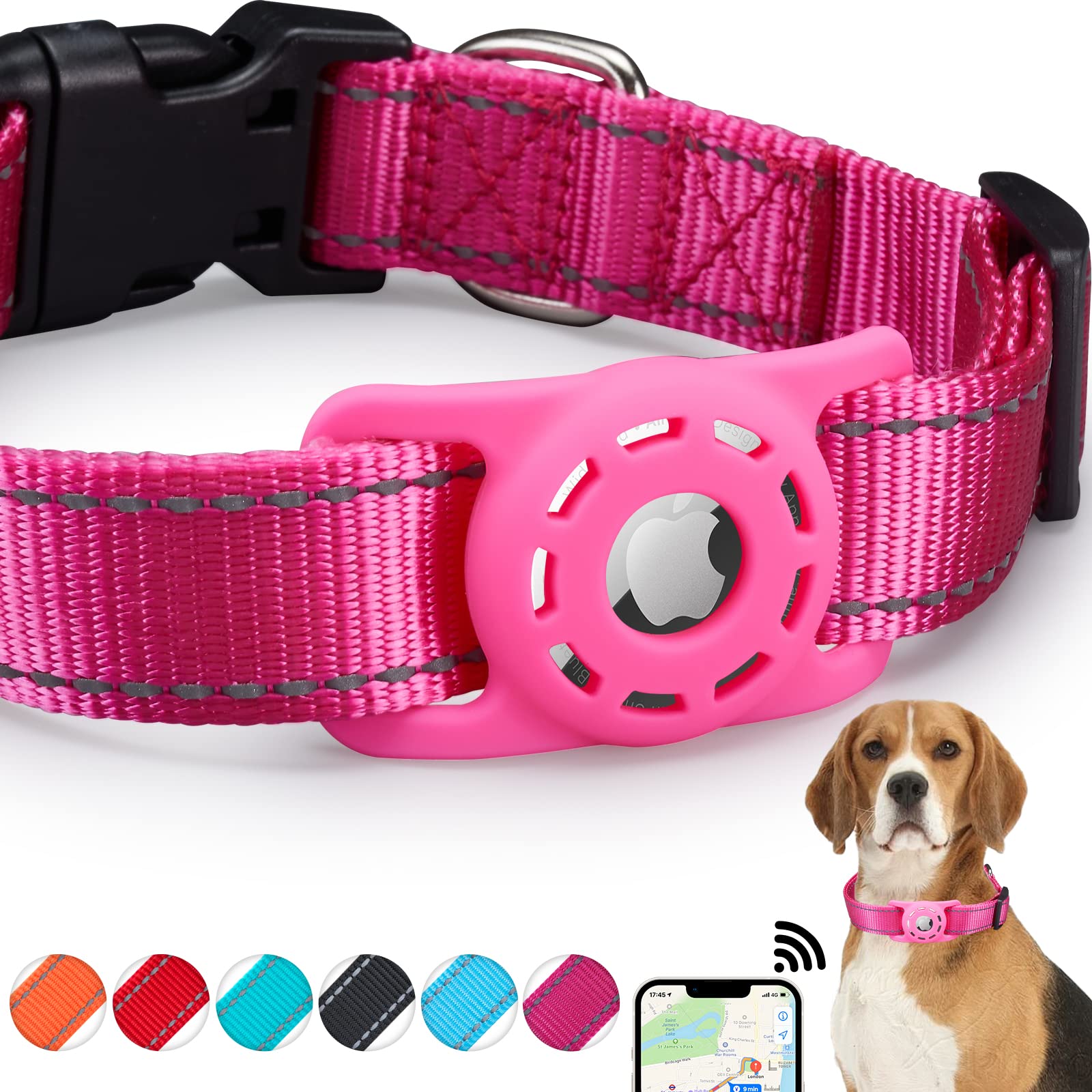 KONITY Reflective AirTag Dog Collar, Compatible with Apple AirTag, Nylon Pet Cat Puppy Collar with Silicone AirTag Holder for Sm