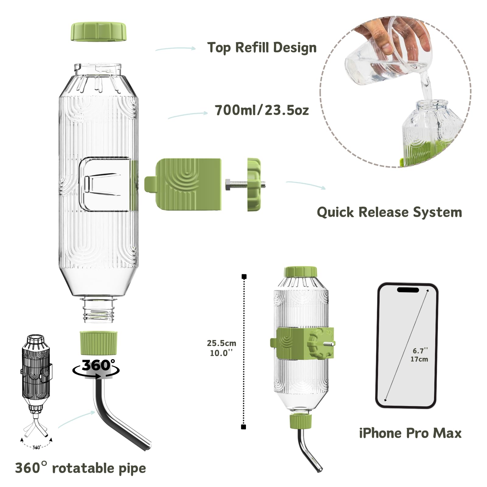 Pet Water Bottle [L24, 24Oz] Hanging Dog Water Dispenser Kennel Plastic Drinker Kettle Feeder Bpa Free Cage Crate Hutch Puppy Ca