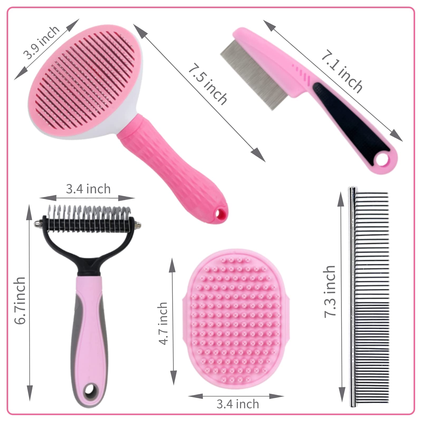 Master Queen Dog Grooming Kit - Deshedding Brush For Short Hair, Slicker Brush, Flea Comb, Puppy Brush Set In Pink