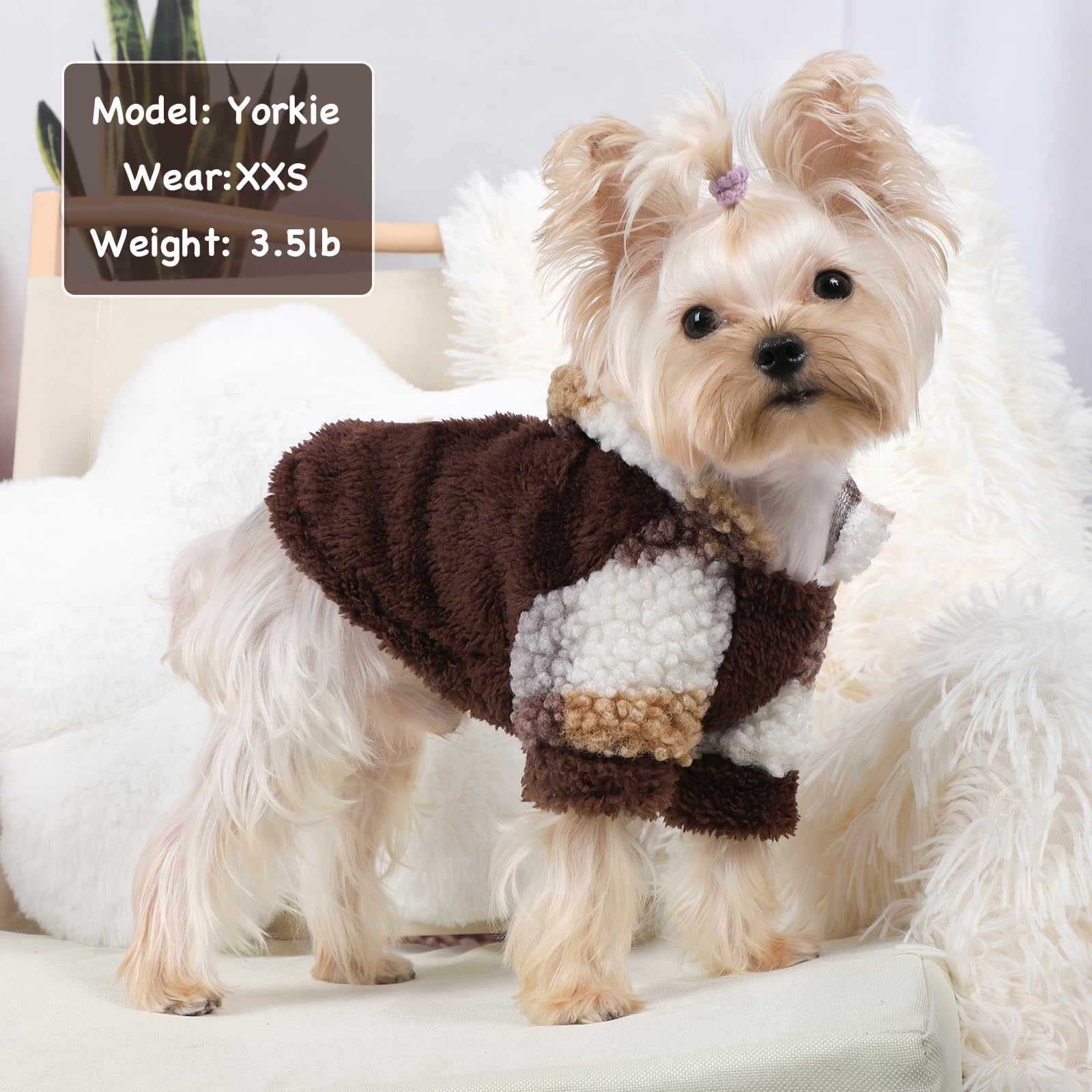 Fleece Dog Sweater Hoodie Warm Fuzzy Velvet Sweaters Winter Clothes For Small Dogs Girl Boy (Brown Plaid, Xxs)