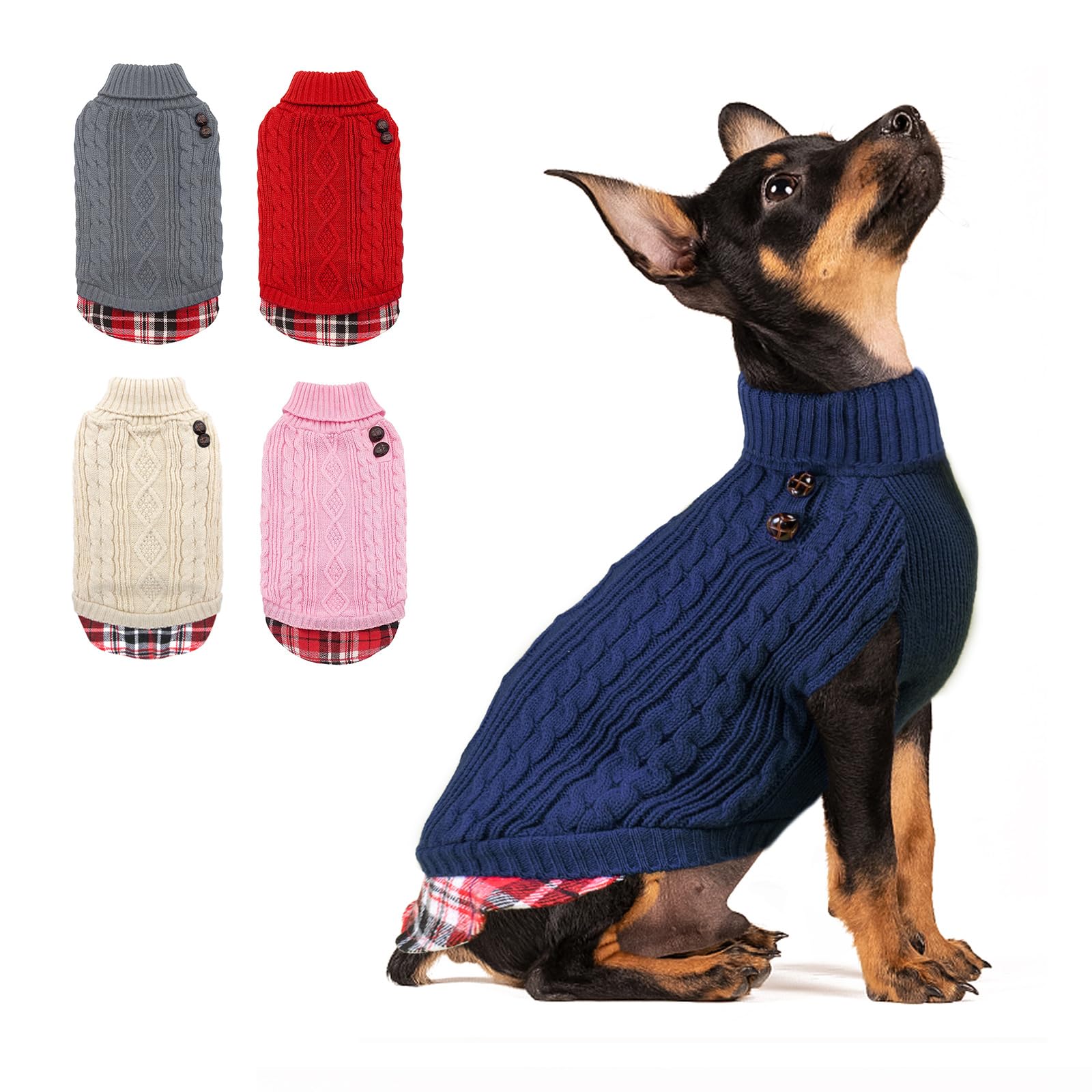 Kyeese Dog Sweaters For Small Dogs Navy Blue With Leash Hole Turtleneck Dog Pullover Sweater With Gingham Patchwork Knit Warm Puppy Sweater