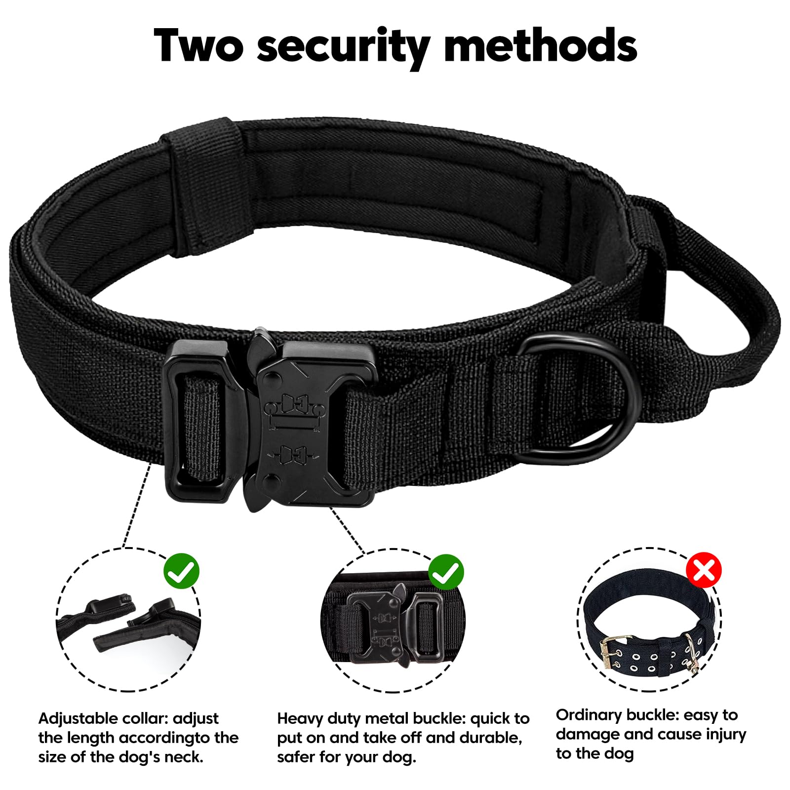 Tactical Military Dog Collar - Adjustable Nylon With Control Handle, Heavy Duty Metal Buckle - Medium & Large Dogs, Airtag Case
