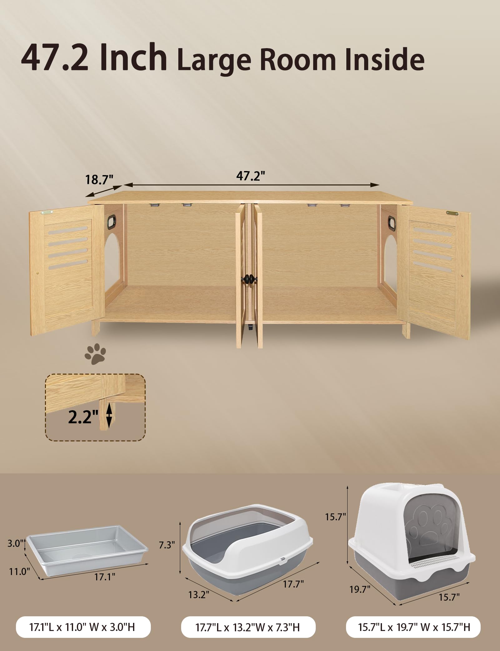 Dinzi Lvj Litter Box Enclosure For 2 Cats, Hidden Litter Box Furniture With Double Rooms, Dual Pet House With Good Ventilation,