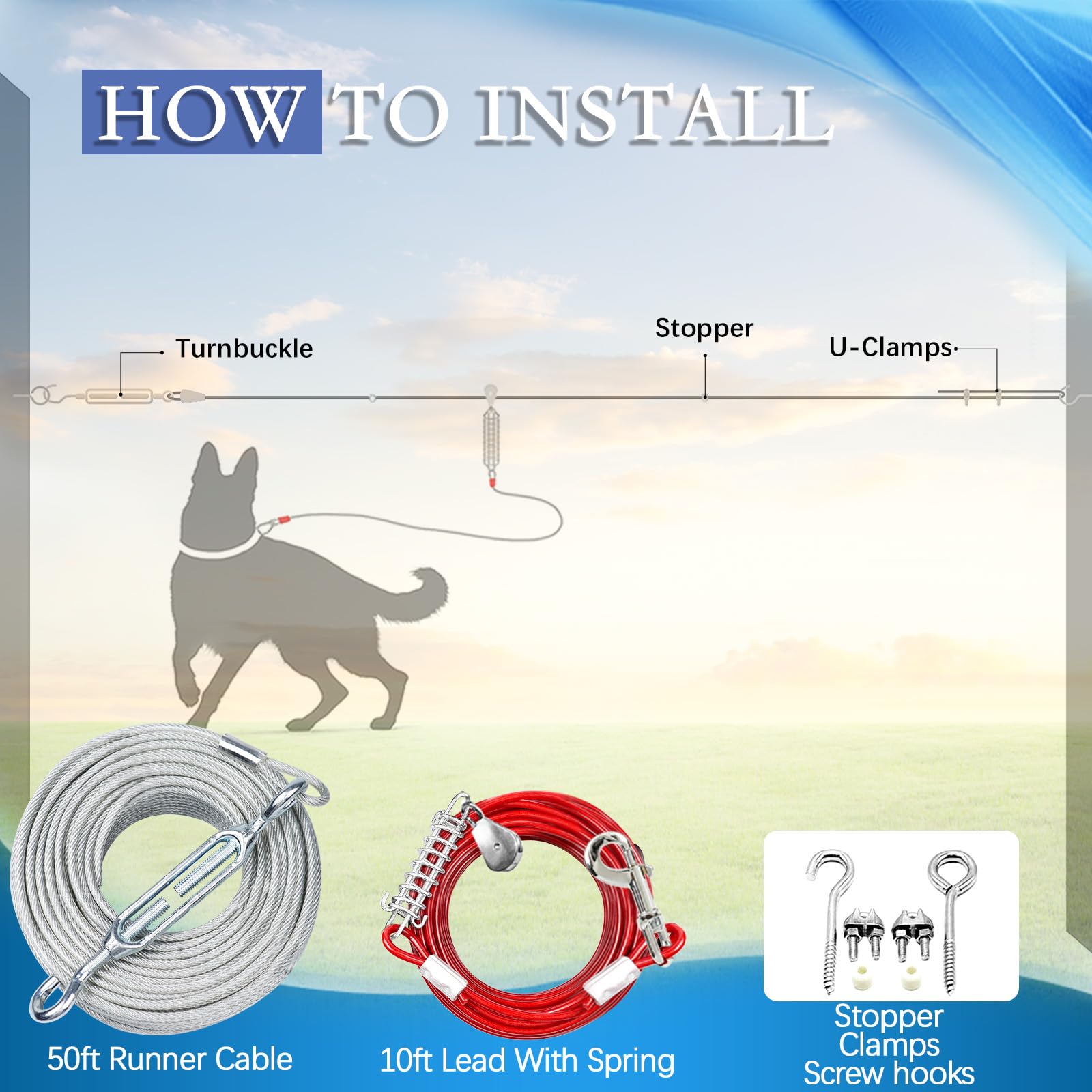 Dog Tie Out Runner For Yard,Trolley System For Large Dogs,Heavy Duty Dog Run Cable Lead 50Ft With 10Ft Pulley Runner Line For Small Medium And Large Dogs Up To 125Lbs Running Outside Yard Or Camping