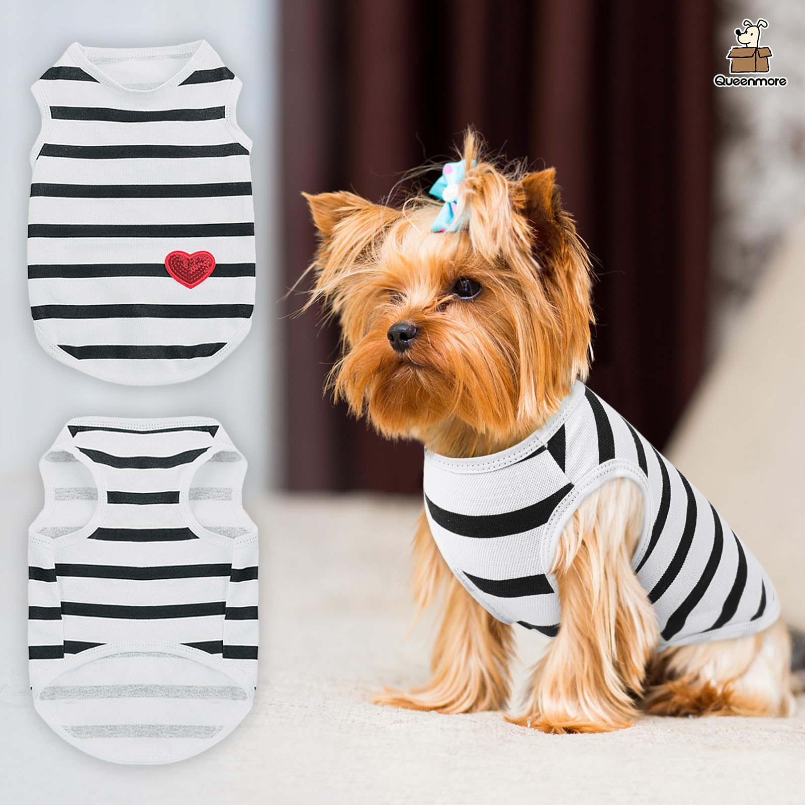 Queenmore Dog Cotton Shirt, Striped Dog T-Shirt, Long Sleeve Puppy Clothes For Small Medium Dogs Cats, Dog Outfits For Frenchie,