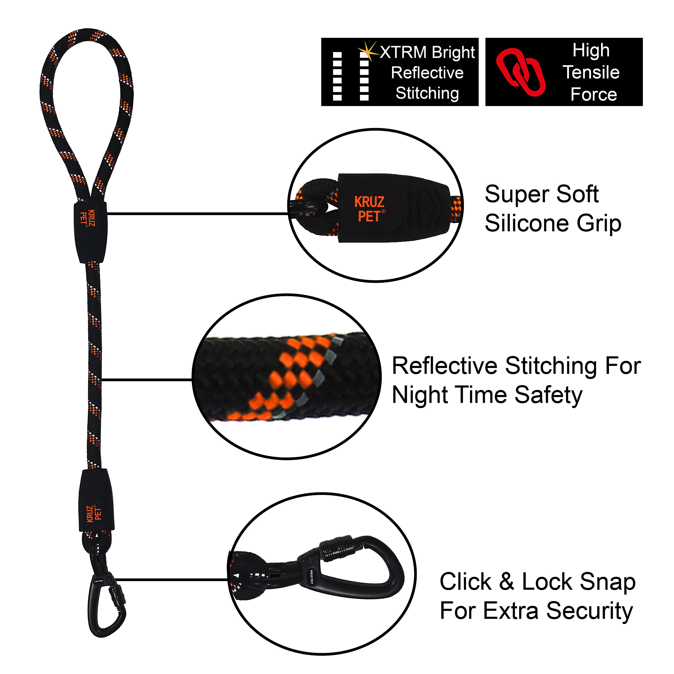 Kruz Short Traffic Leash - Kzrope5020-03L - Soft Silicone Grip - Click & Lock Snap - Heavy-Duty Reflective Dog Rope For Security