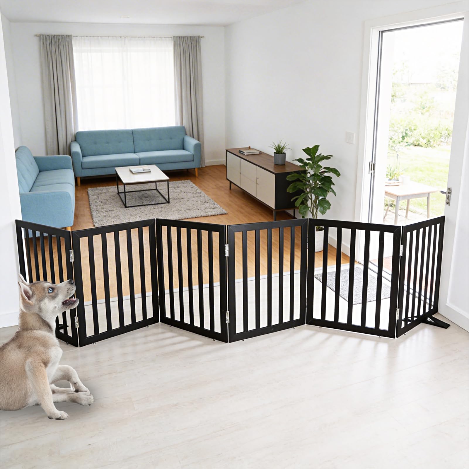 ZJSF Freestanding Indoor Dog Gate for House Foldable Wood Puppy Gate for Doorways Pet Gate for Stairs Extra Wide Pet Fence, Blac