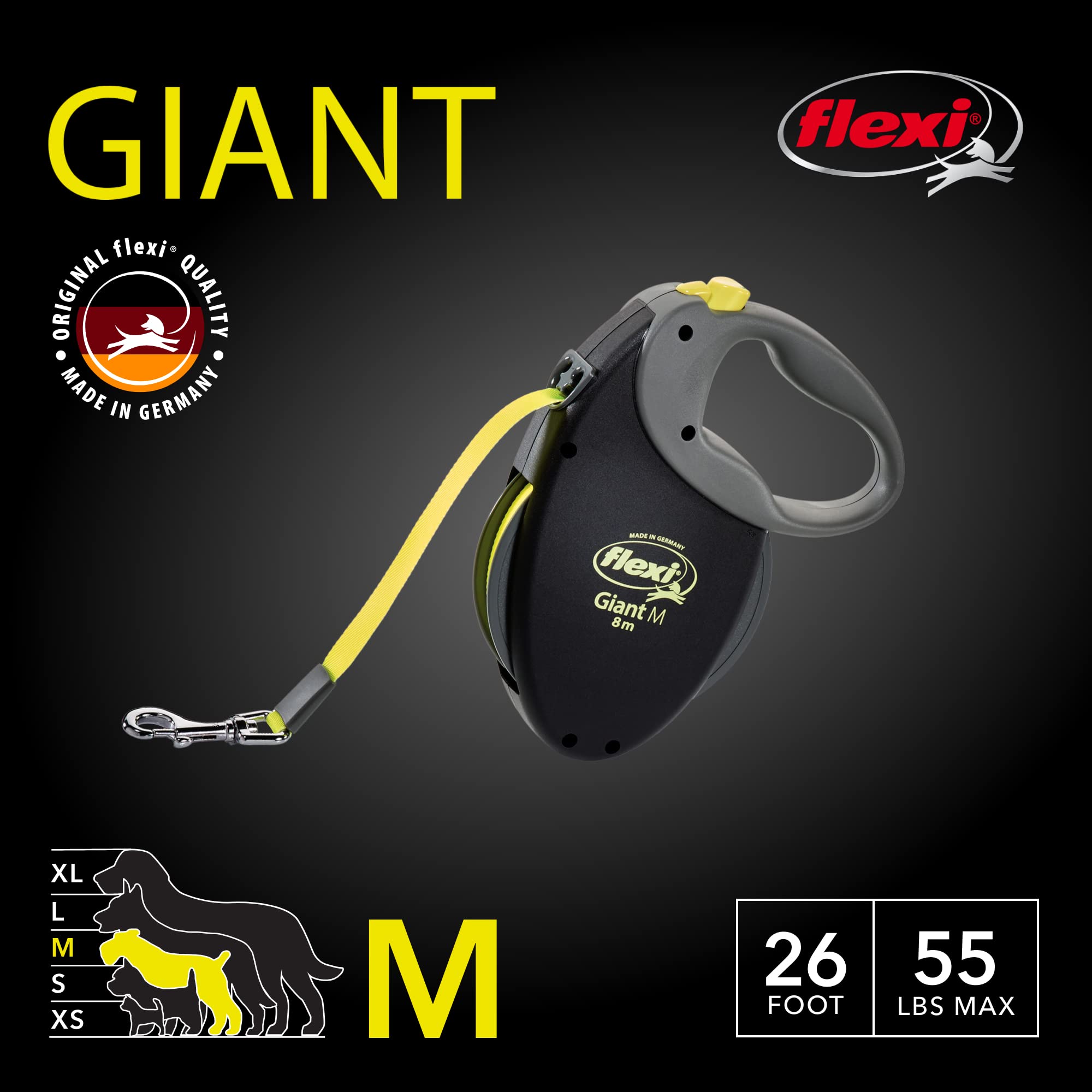 Flexi Giant Tape Retractable Dog Leashes For Medium Dogs Upto 55 Lbs. – 26 Ft., Black | Tangle Free Pet Walking Leash With One-Handed Brake, Pause, Lock|German Quality Product