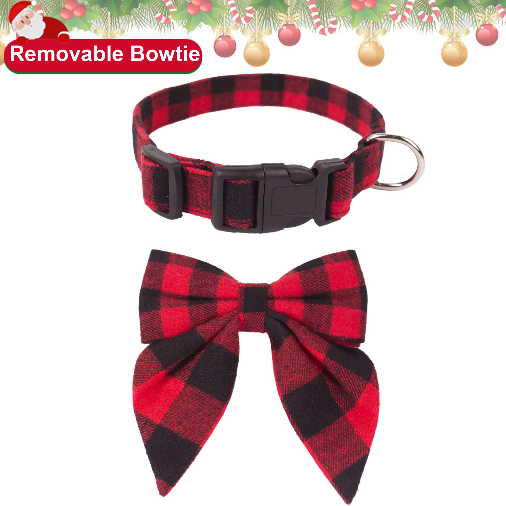 Adoggygo Christmas Dog Collar With Bow, Adjustable Cotton Red Plaid Bowtie Dog Christmas Collars For Large Dogs Pets (Large, Red & Black)