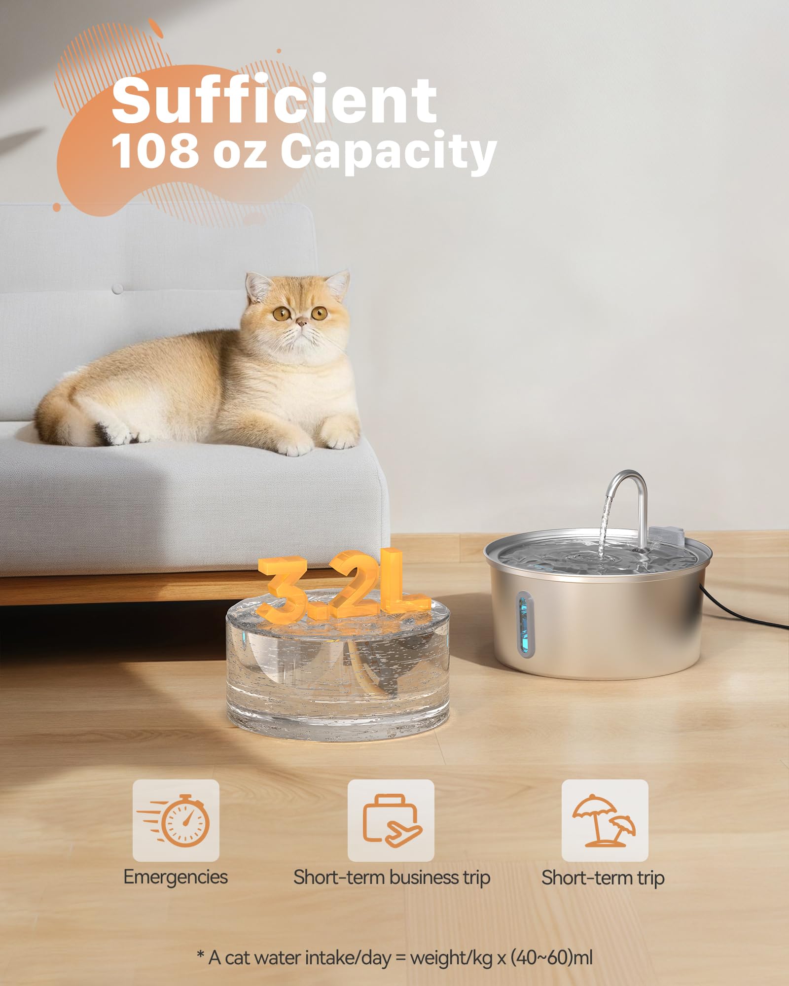 Cat Water Fountain Stainless Steel: 108oz/3.2L Cat Fountain for Drinking - Pet Water Fountain for Cats Inside - Automatic Cat Wa