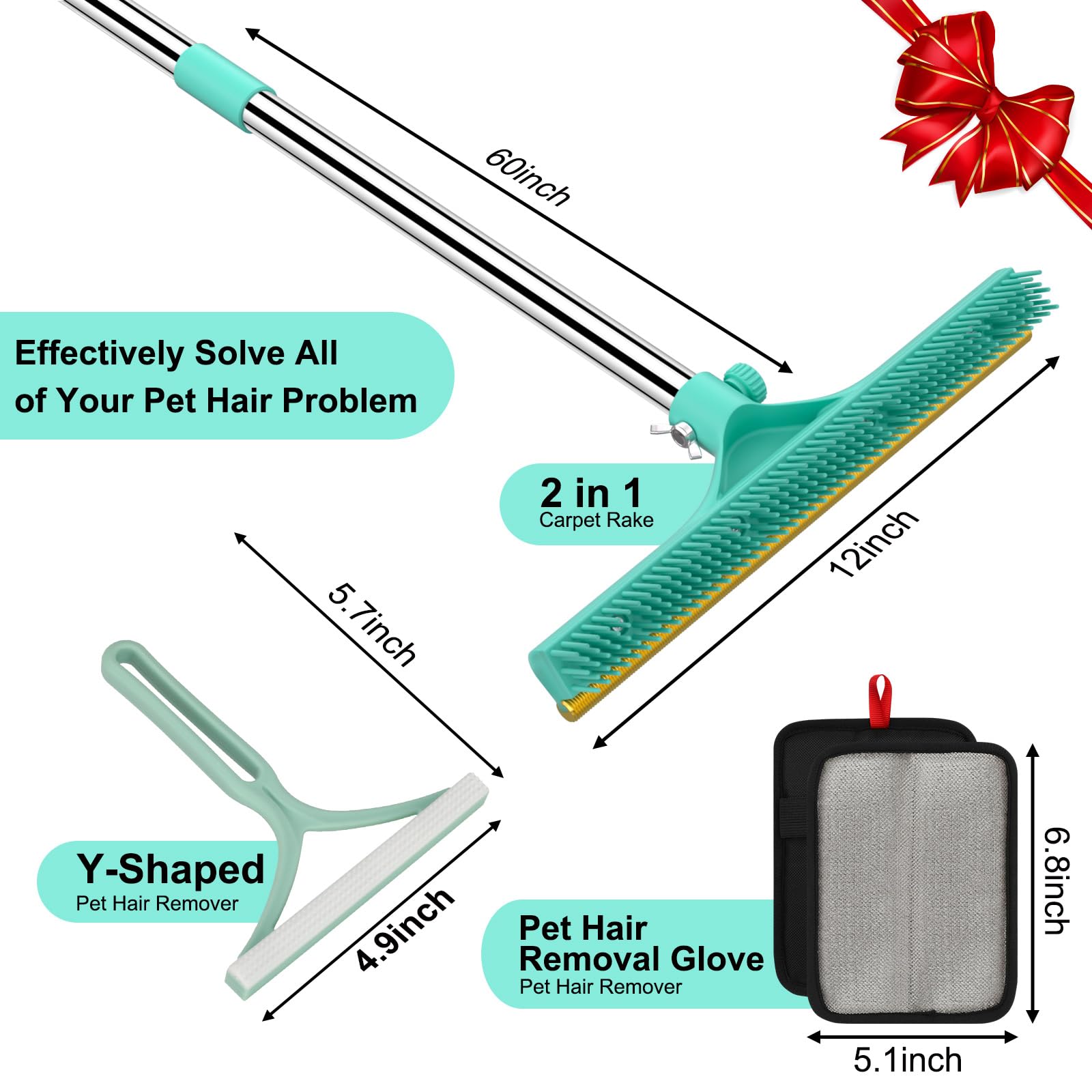 Carpet Rake for Pet Hair Removal - 60 Adjustable Long Handle Carpet Rake, 3 in 1 Reusable Pet Hair Removal Tool Kit, Cat Dog Fur