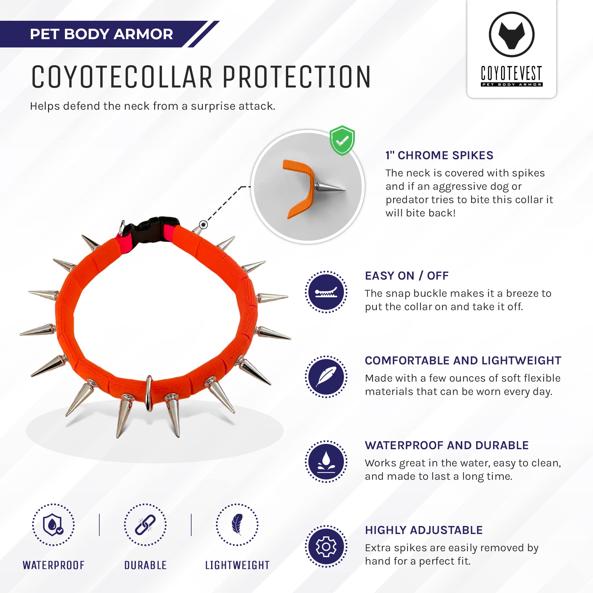 Coyote Collar Spiked Dog Collar - Orange, Large, Adjustable, Studded, Protection Against Coyotes And Aggressive Dogs
