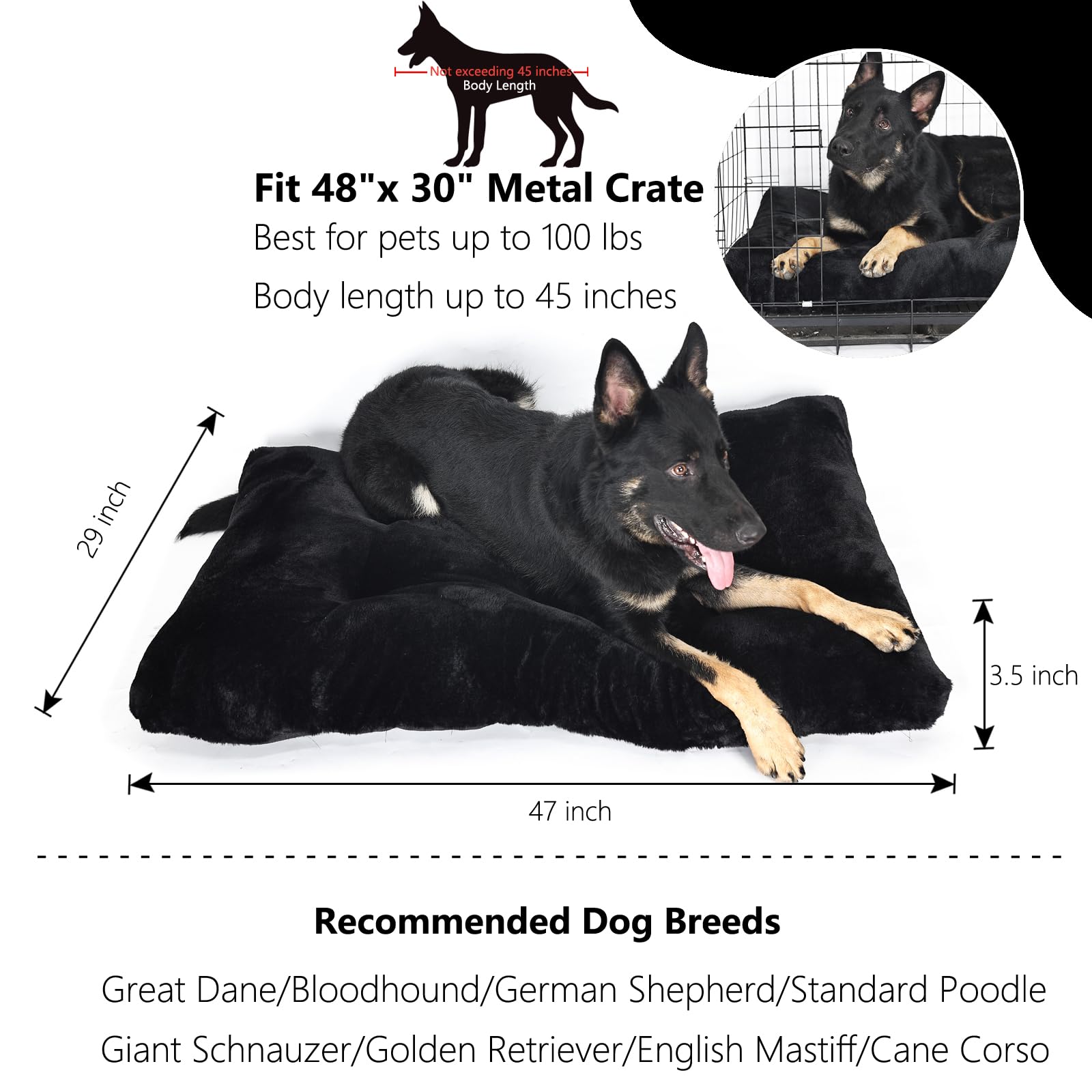 Dog Bed 48 X 30 For Extra Large Dogs Washable With Anti-Slip Bottom Fit Metal Crates Or Cages,Faux Fur Jumbo Crate Bed For Kenne