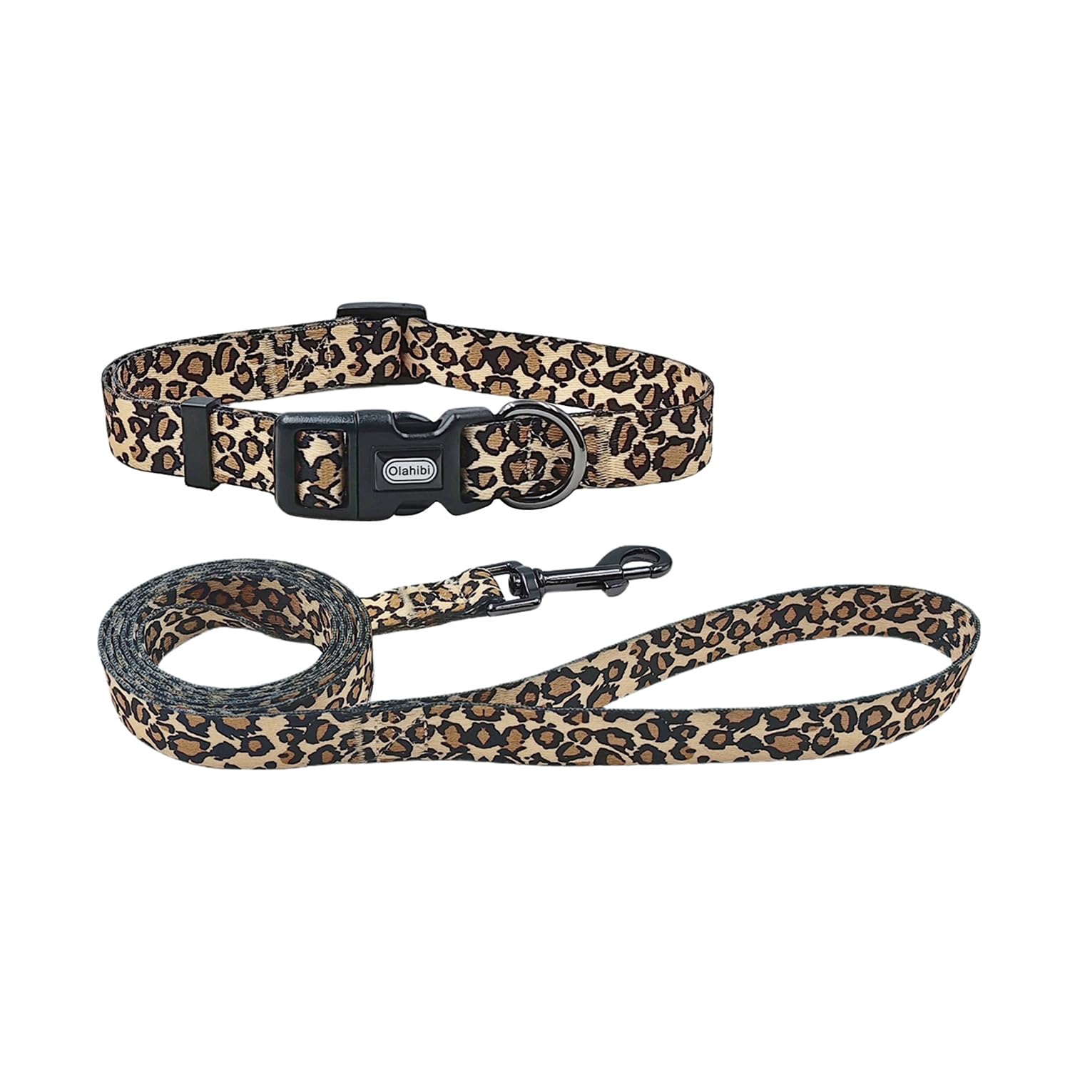 Olahibi Dog Collar Leash Set, Leopard Pattern, 5Ft Matching Leash, Polyester Material, 4 For Small Medium Large Dogs.(S, Brown L