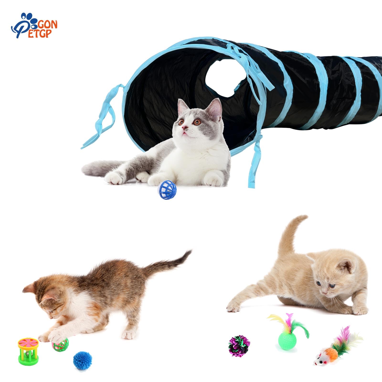Gonpetgp Collapsible Pet Tunnel Cube Tent Toys, Interactive Cat Feather Teaser Wand Cat Bell Balls Fuzzy Ball Springs Mouse Toys