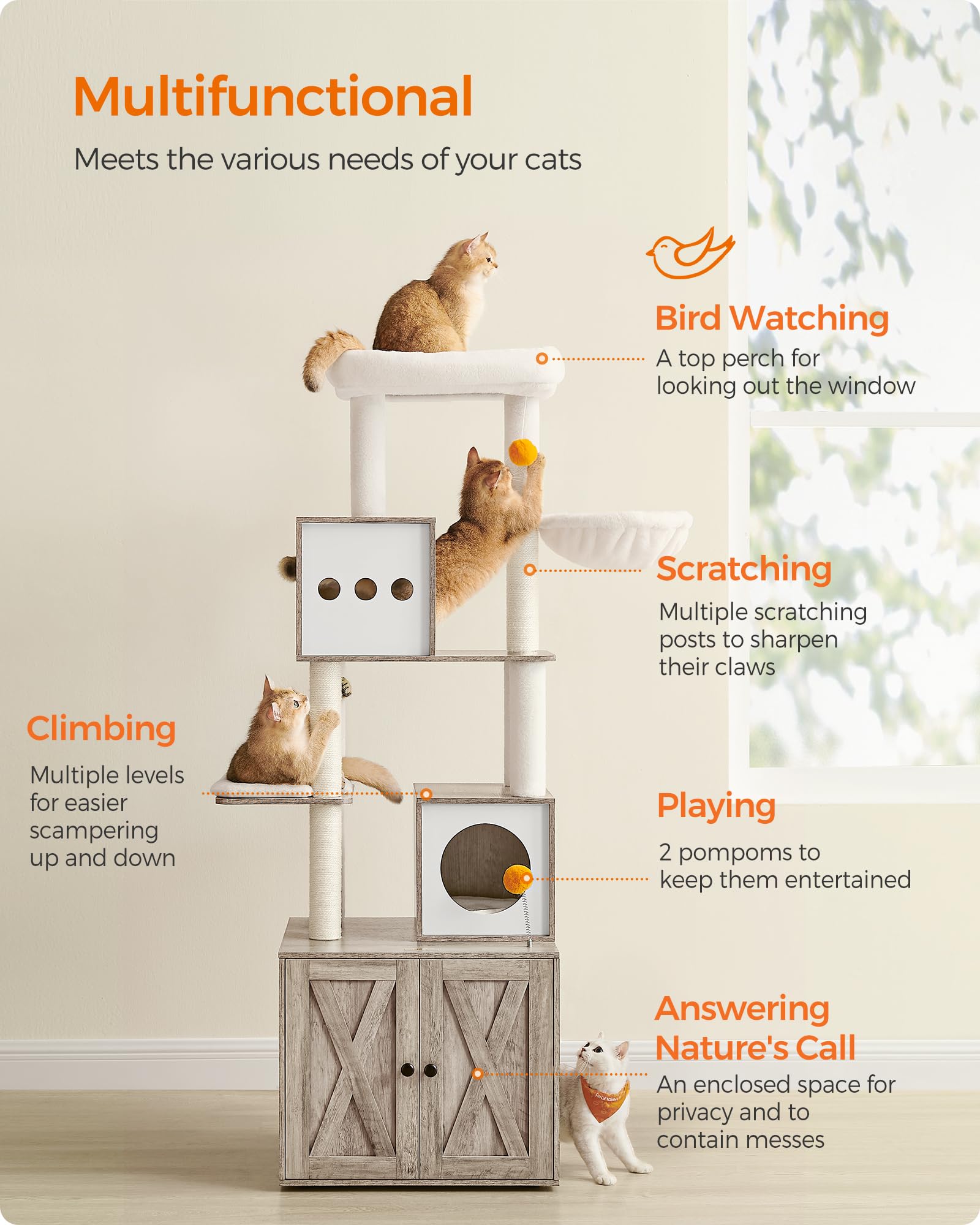 Feandrea Cat Tree With Litter Box Enclosure, 2-In-1 Modern Cat Tower, 70.8-Inch Tall Cat Condo With Scratching Posts, Perch, Cav