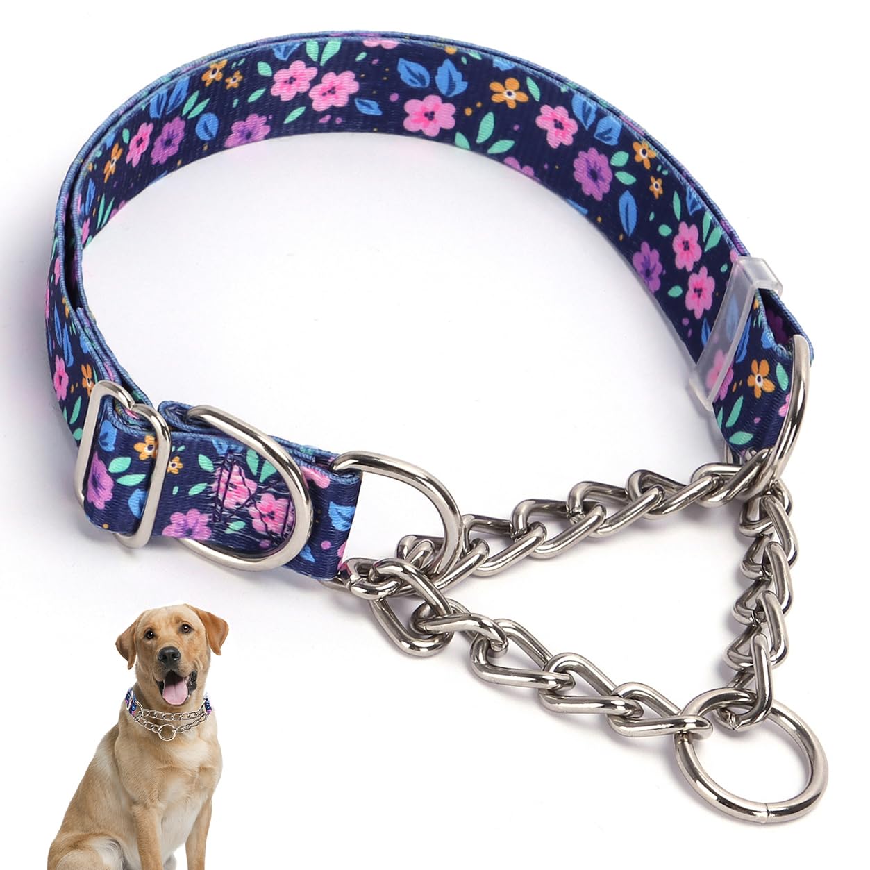 Stainless Steel Chain Dog Martingale Collar, No Pull Slip Cinch Choker Choke Collar Training Escape Proof Heavy Duty Dog Collar 