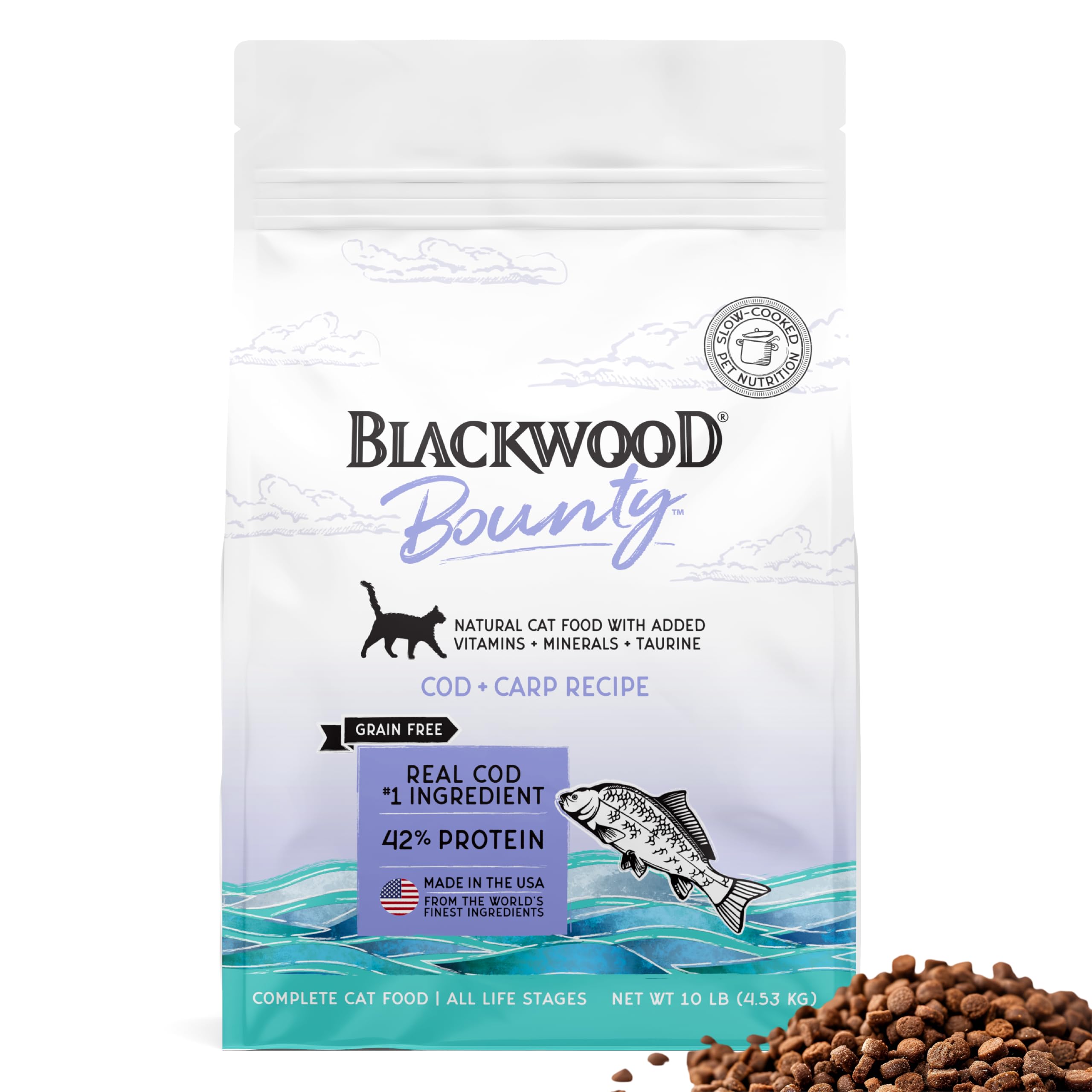 Blackwood Bounty Dry Cat Food, Cod & Carp Recipe for All Life Stages, 10 Pound Bag, High Protein, Grain Free