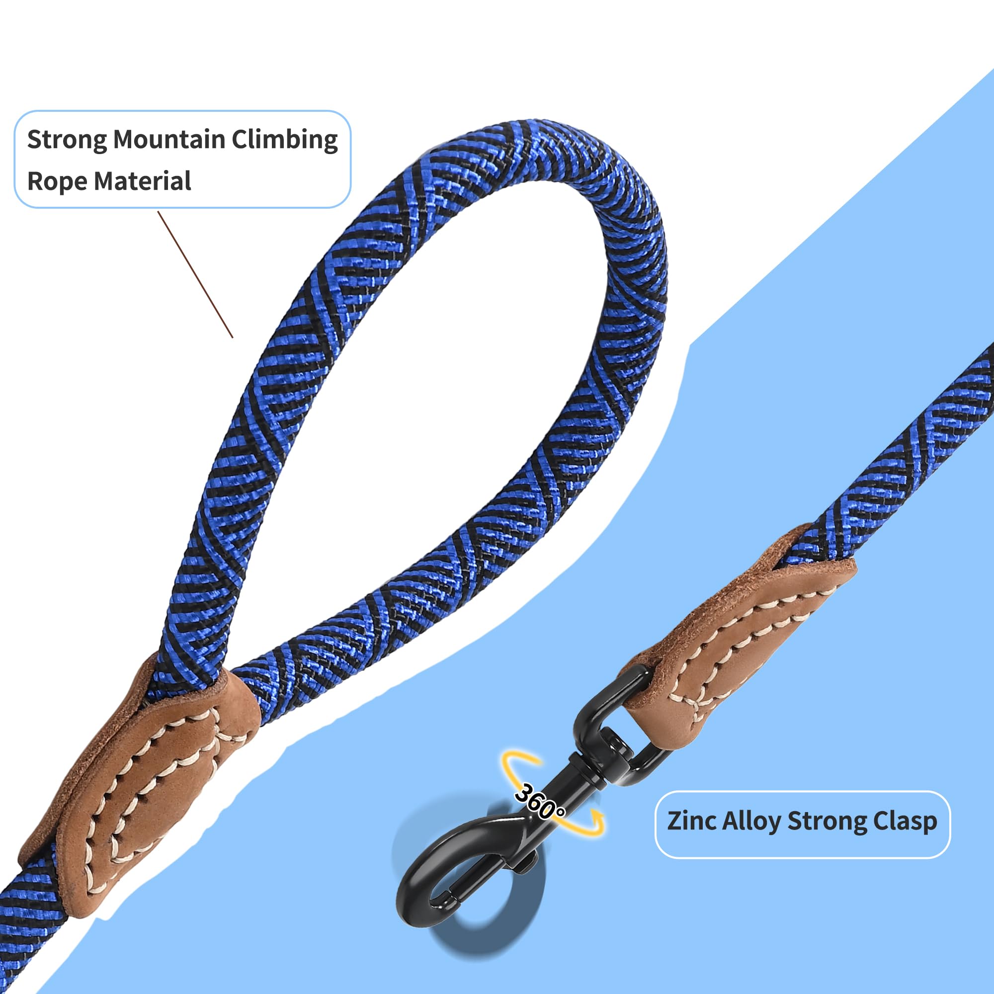 Mile High Life Rope Leash With Genuine Leather Connection, 6 Ft/5 Ft/4 Ft, Heavy Duty Leash For Medium & Large Dogs (Blue, 60 In