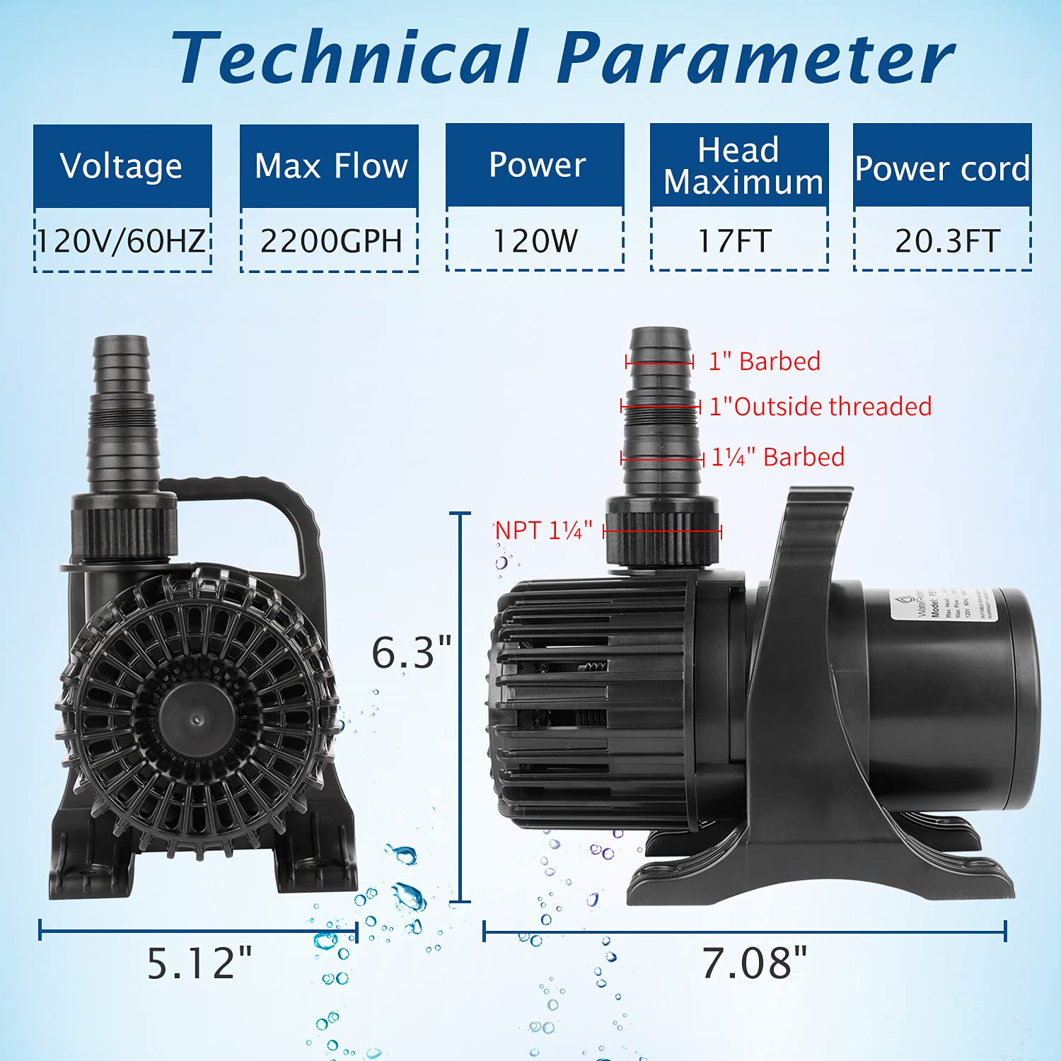 Waterrebirth (2200Gph-120W,Ul Listed) Ps- High Flow Submersible Water Pump - Pond Pump - Submersible Pump - Water Fountain Pump - Aquarium Pump,Ps-2200