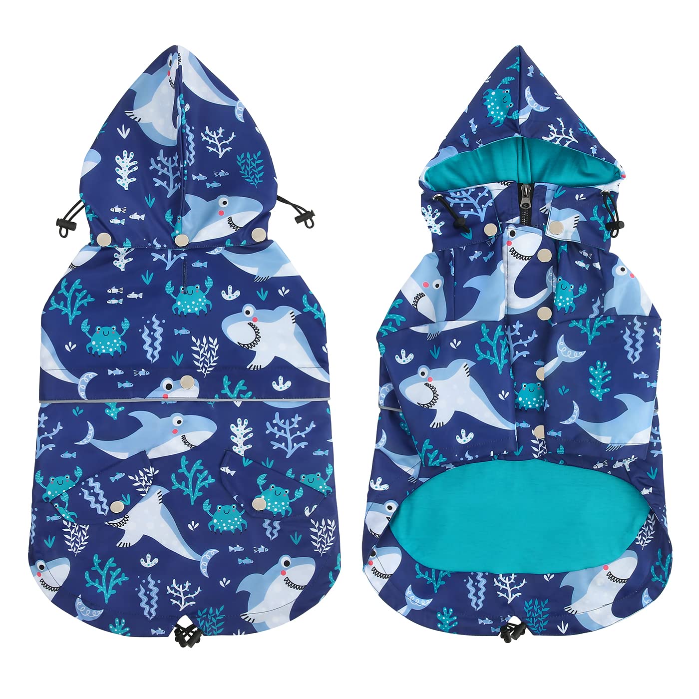 Hde Dog Raincoat Double Layer Zip Rain Jacket With Hood For Small To Large Dogs Sharks - L