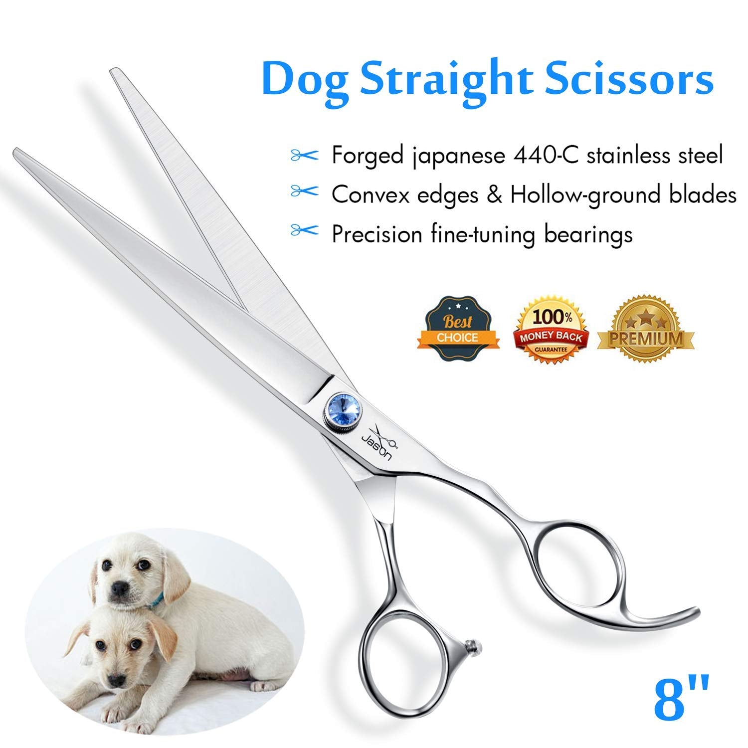 8' Straight Dog Grooming Scissors Long Pets Grooming Shears Premium Cats Trimming Kit With Offset Handle And A Jewelled Screw Sharp Comfortable Durable Light-Weight