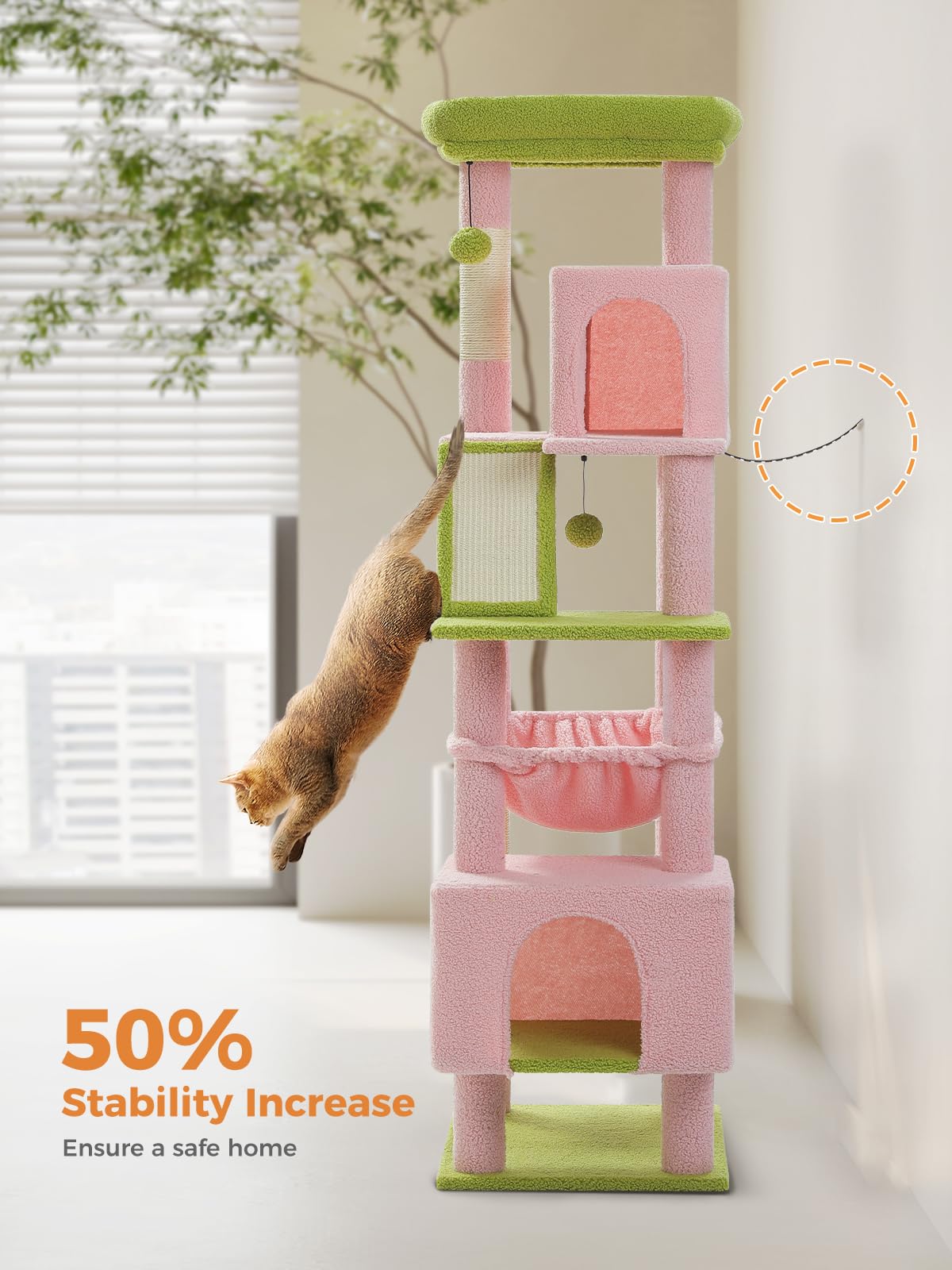 Muttros Pink 71'' Tall Cat Tree For Large Cat 20 Lbs With Super Large Hammock, Heavy Duty Cat Tower With 4 Sisal Scratching Post