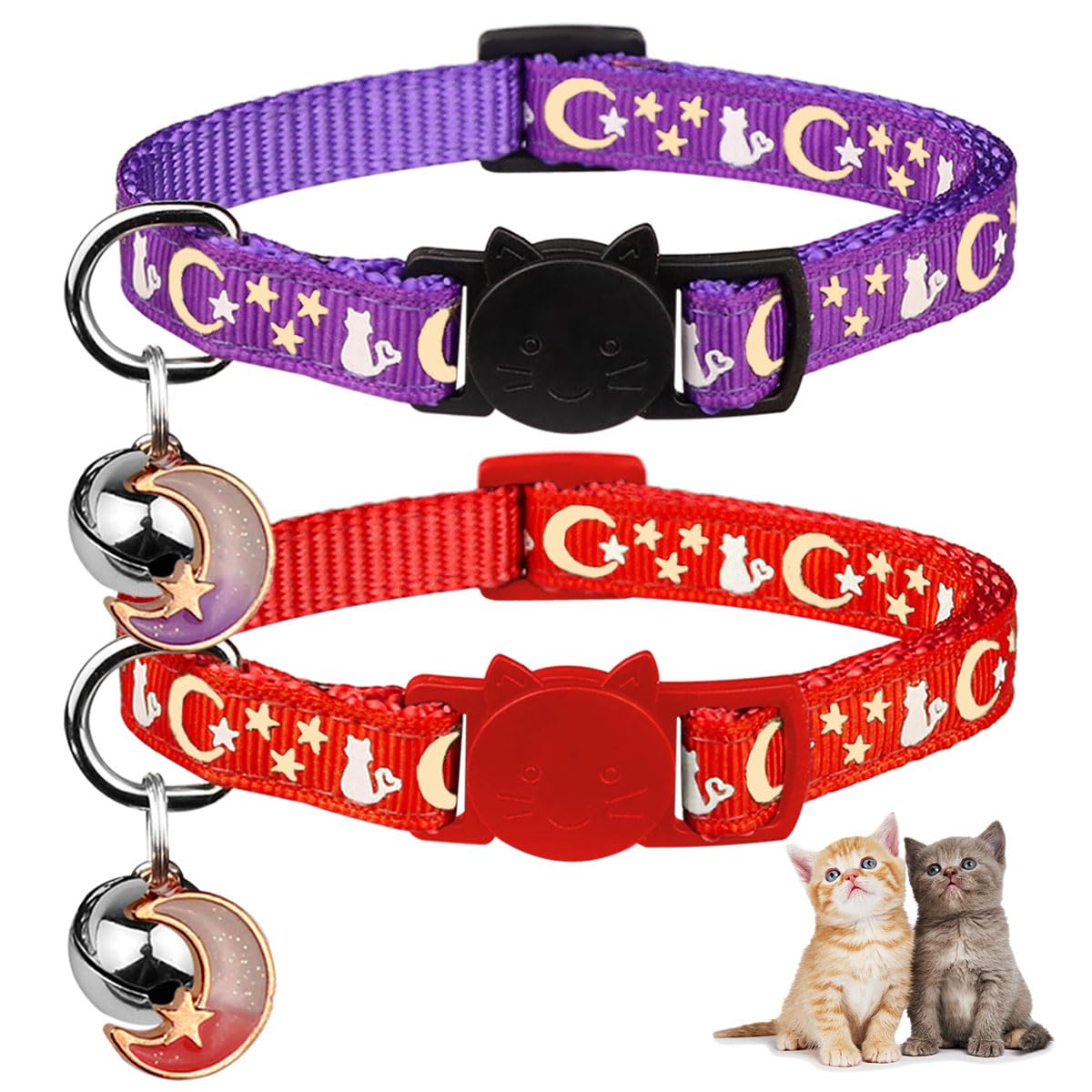 2Pcs Breakaway Cat Collars With Bell Cute Kitty Glow In The Dark Adjustable Kitten Collars 7.9-13.0 Inch(Red&Purple)