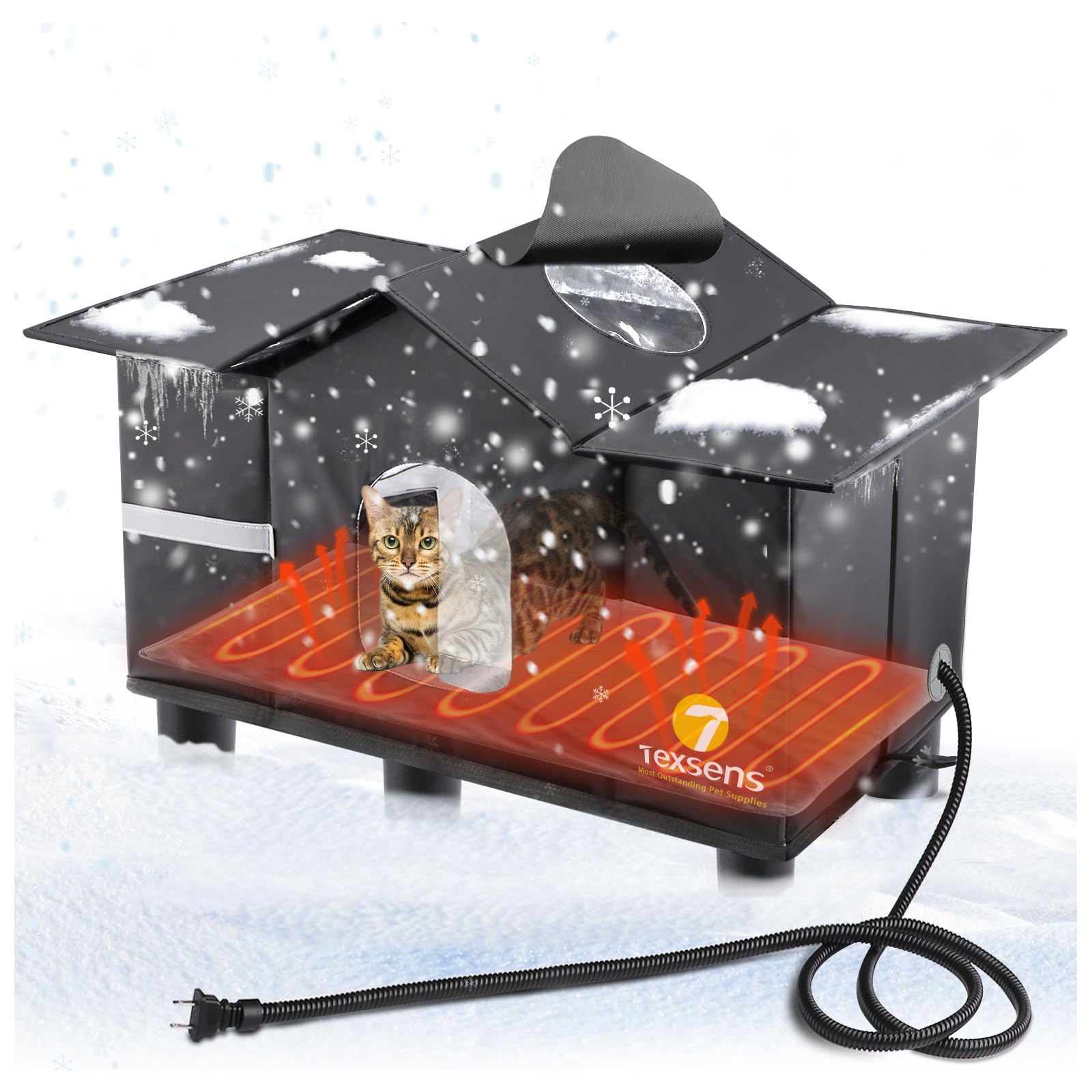 Texsens Heated Cat House for Outside - Weatherproof Large Outdoor Cat Shelter with Roof Window- Insulated Elevated House for Str