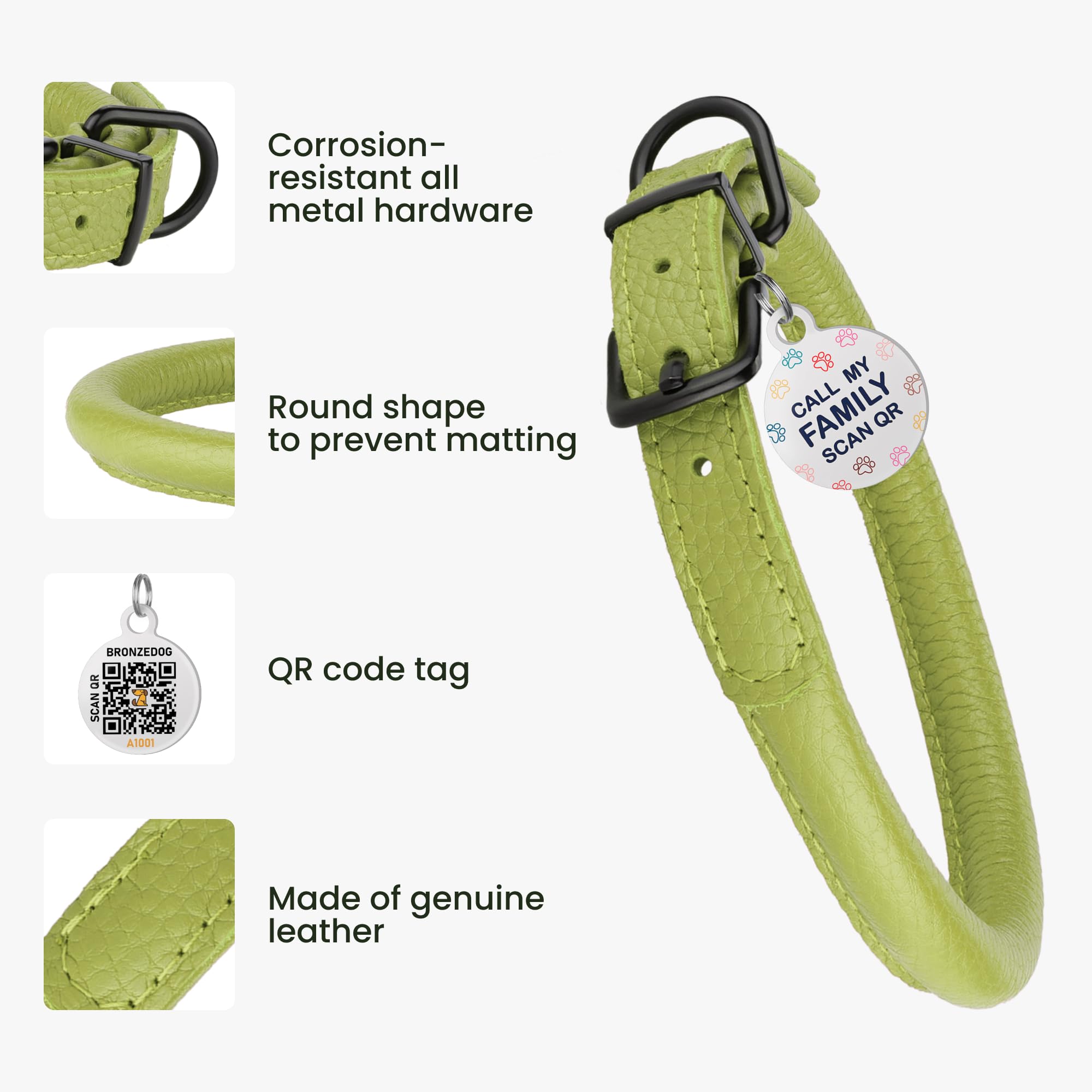 Rolled Leather Dog Collar Soft Round Collars, Id Tag For Small Medium Large Dogs (11-14 Inch, Olive Green)