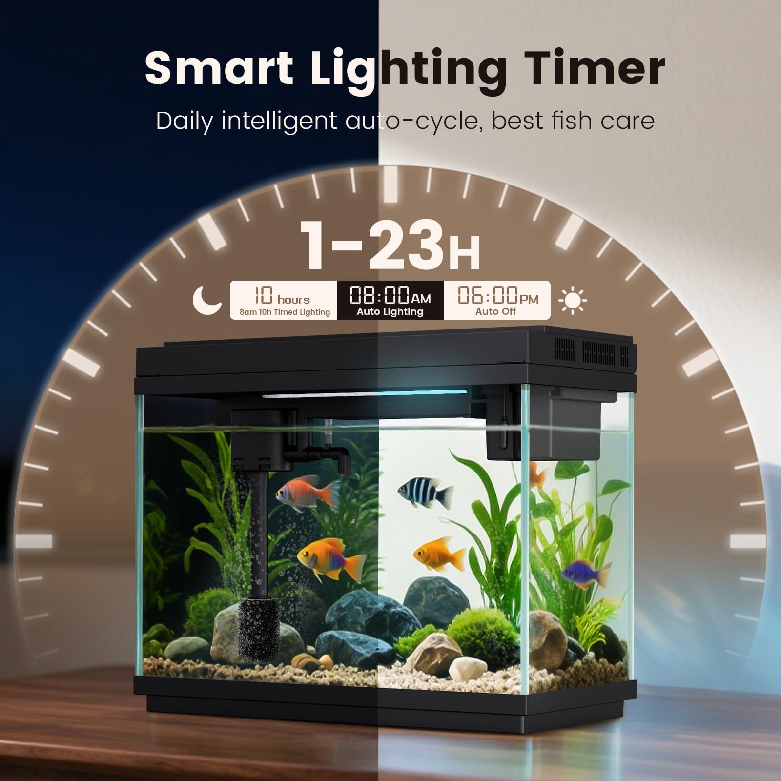 Fishkeeper 2.3G Smart Aquarium - Ultra Clear Glass Fish Tank w/Auto Timer 8-Color RGB Lights, 4-in-1 Self-Cleaning Silent Water